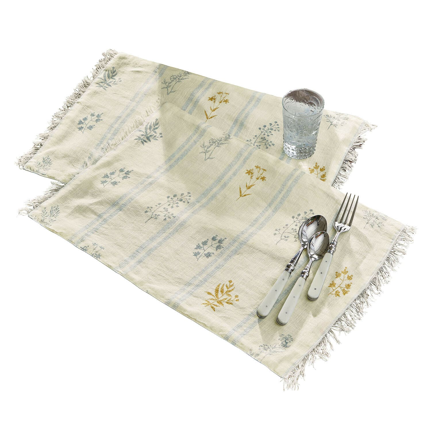 Platzset 2er Set Hazelwick Beige Leinen-Servietten mit floralem Muster und Fransen, Tischdeko mit Besteck und Glas