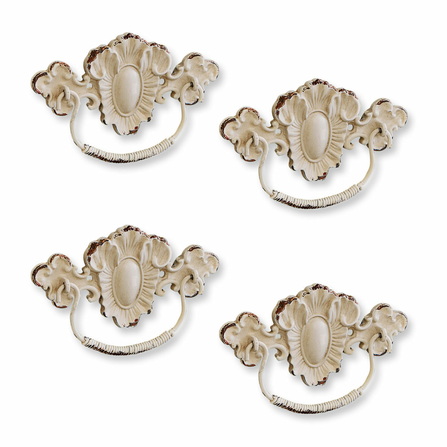 Kommodengriffe 4er Set Lupiac Set aus vier dekorativen Möbelgriffen aus Metall in Creme mit antiker Patina