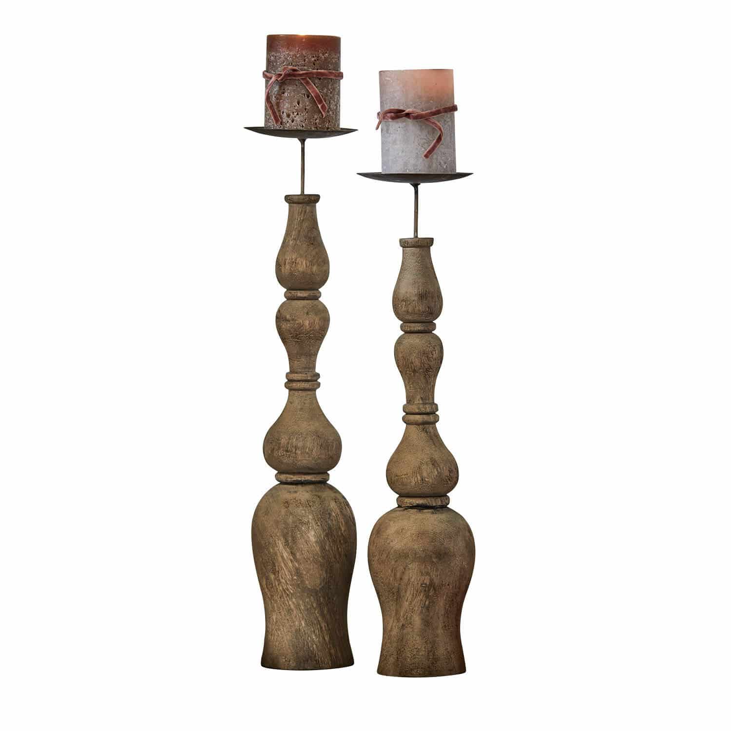 Kerzenständer 2er Set Fleuries-sur-Marne Holz-Kerzenhalter mit zwei braunen rustikalen Kerzen für gemütliche Wohnraumdekoration