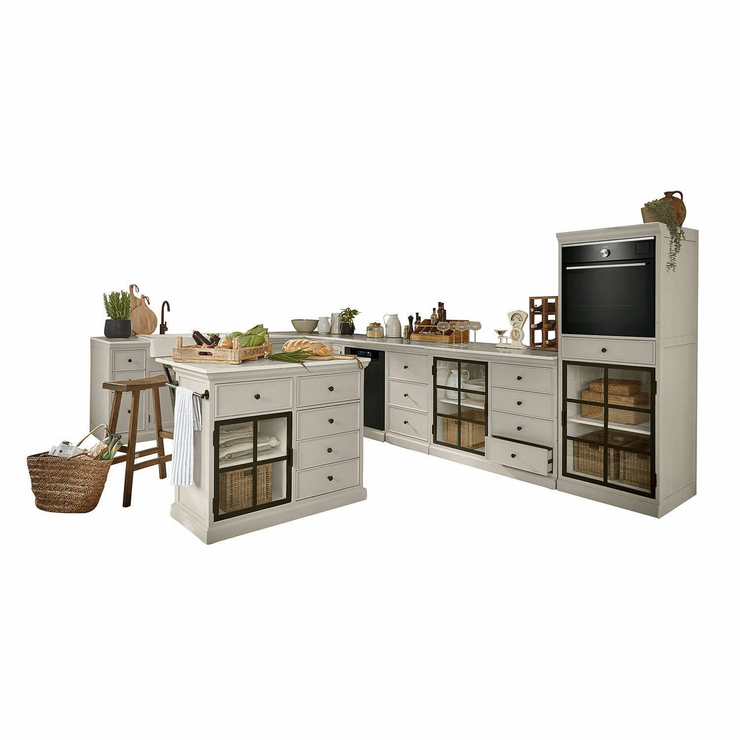 Küchenzeile 5er Set Orlévine Eckküche mit grauen Holzschränken und schwarzen Glastüren, ausgestattet mit Backofen und Kücheninsel