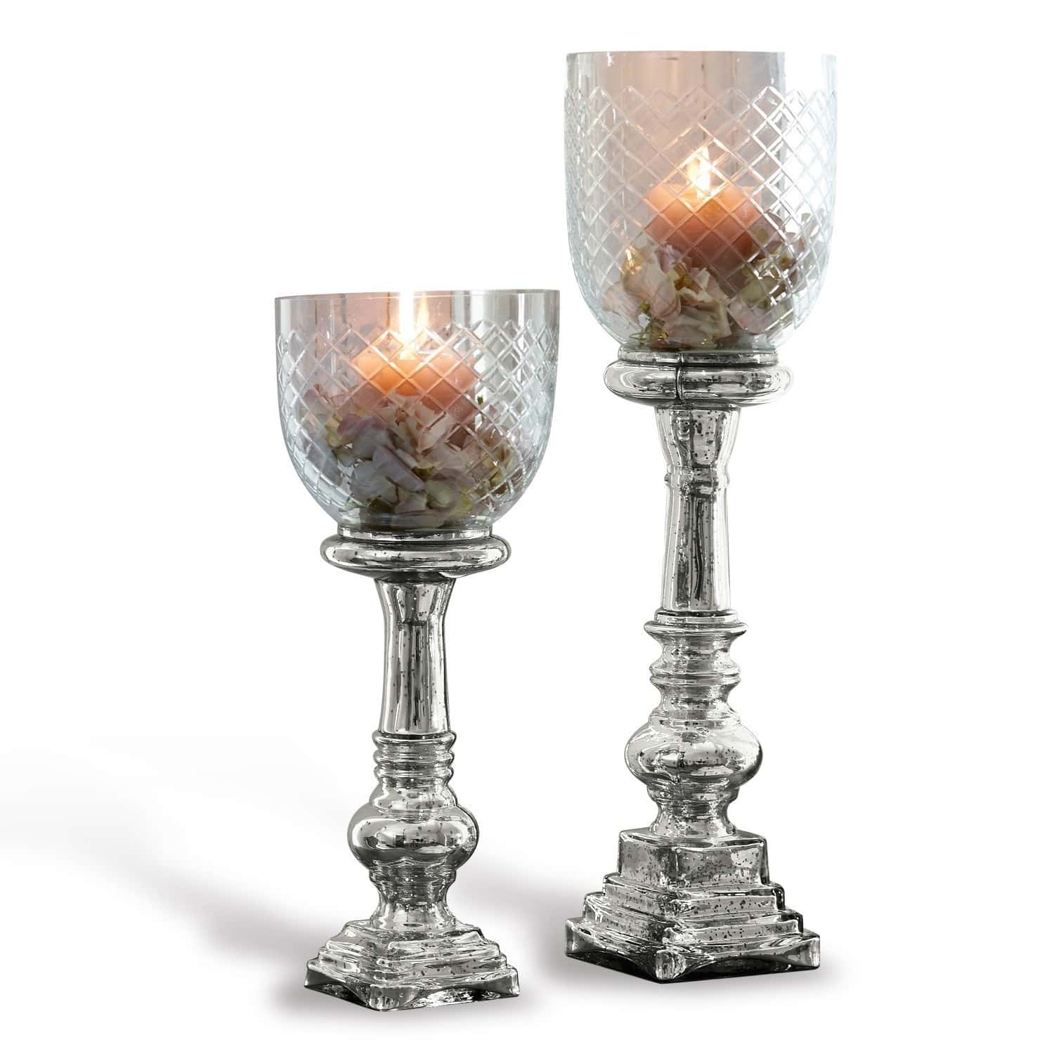 Kerzenständer 2er Set Layci Zwei dekorative Kerzenhalter aus Glas mit Relief und metallischem Glanz, eleganter Wohnaccessoire
