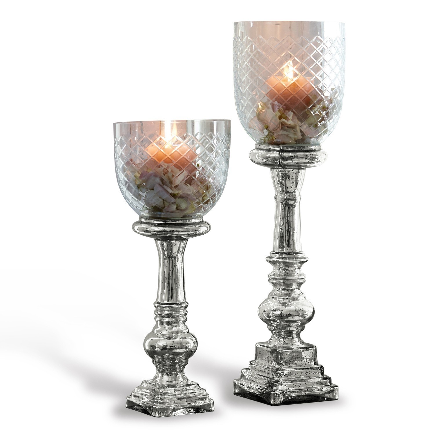 Kerzenständer 2er Set Layci Zwei dekorative Kerzenhalter aus Glas mit Relief und metallischem Glanz, eleganter Wohnaccessoire