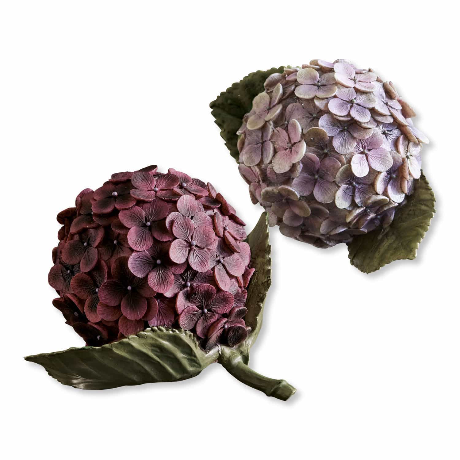 Dekoblume 2er Set Hortensie Dekorative Hortensien in Rosa- und Violetttönen mit grünen Blättern auf weißem Hintergrund