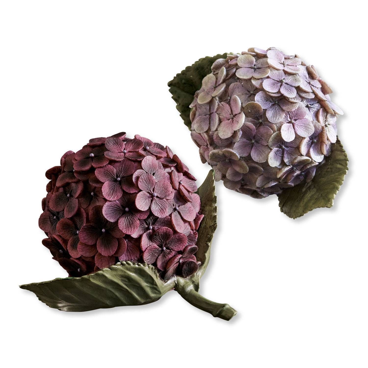 Dekoblume 2er Set Hortensie Dekorative Hortensien in Rosa- und Violetttönen mit grünen Blättern auf weißem Hintergrund