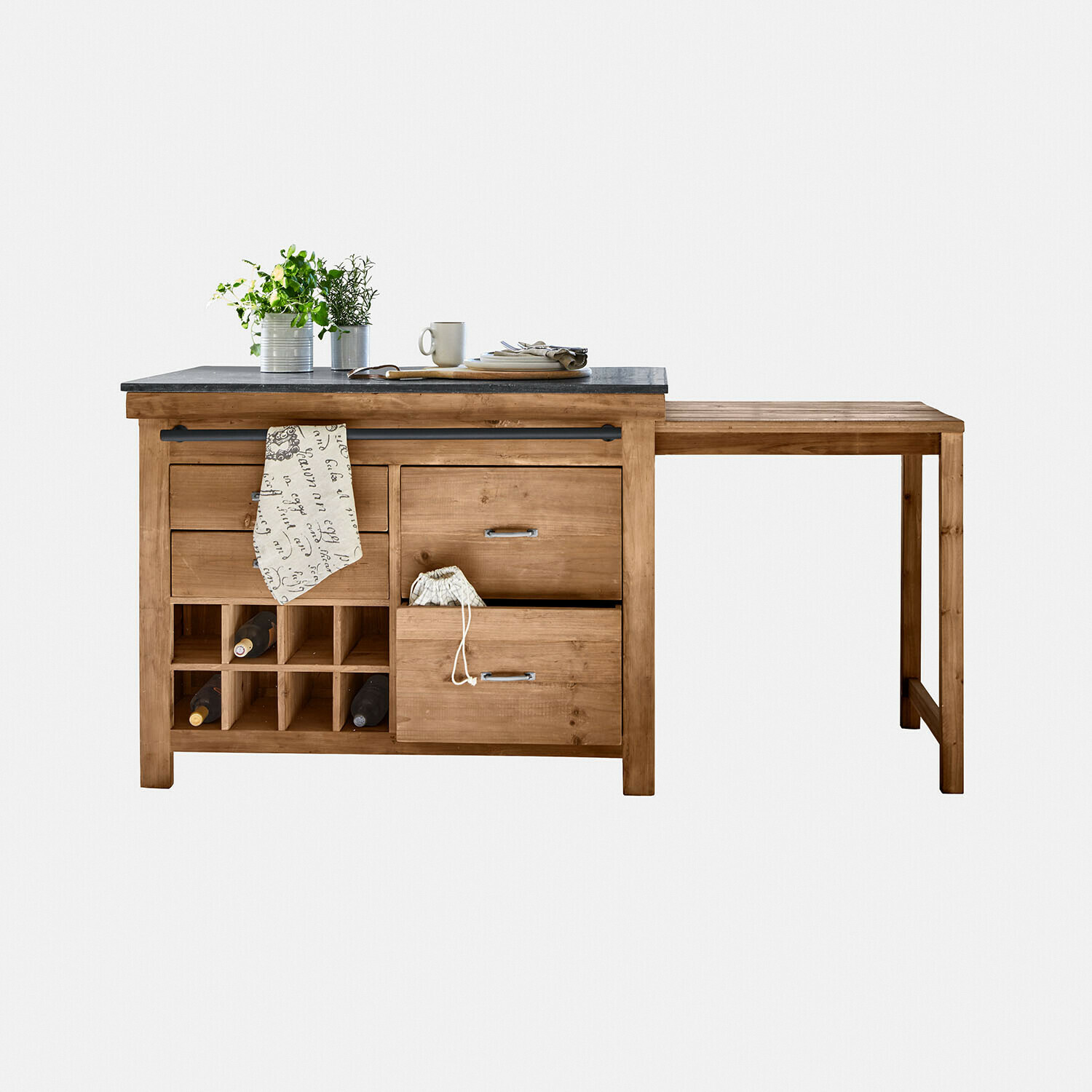 Küchenblock Sunnybrook Kücheninsel aus Holz mit schwarzer Arbeitsplatte und Weinregal, praktisches Küchenmöbel