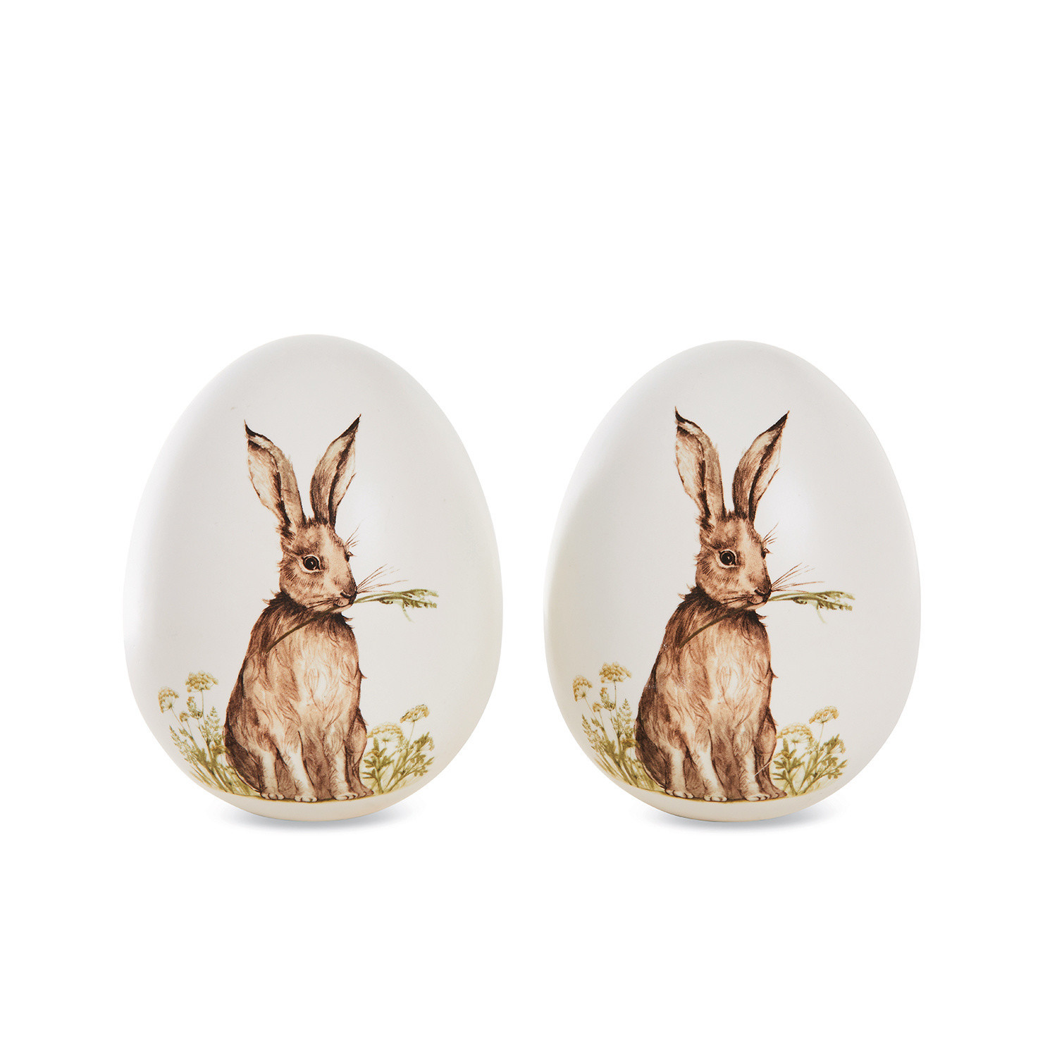 Osterei 2er Set Rubie Keramik-Eier mit Hasenmotiv und grünen Pflanzen auf weißem Hintergrund, dekorative Osterdekoration