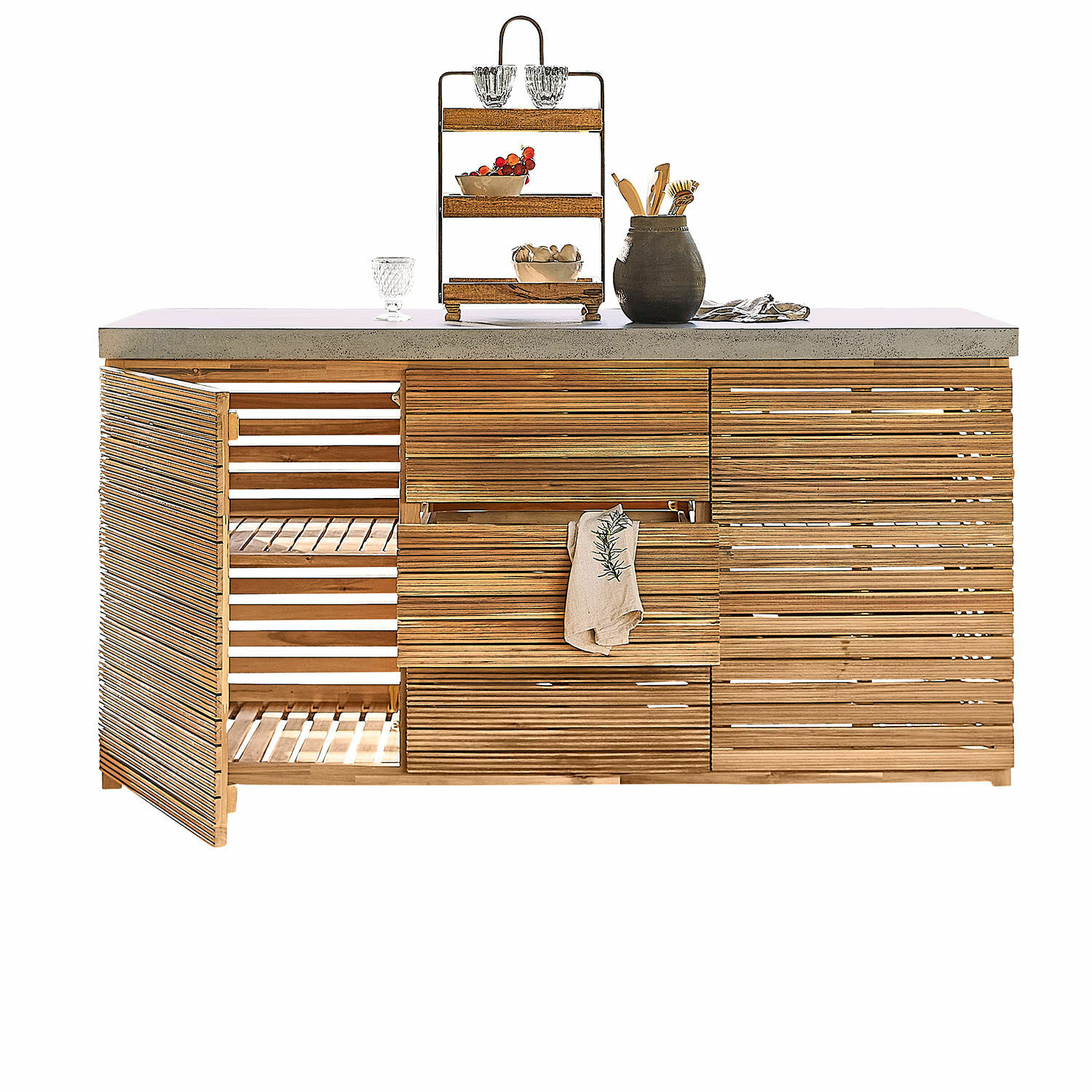 Outdoor-Küchenzeile FSC®-100% Venzone Kücheninsel aus Holz mit Betonarbeitsplatte in Naturfarbe, offenen Regalen und Schubladen