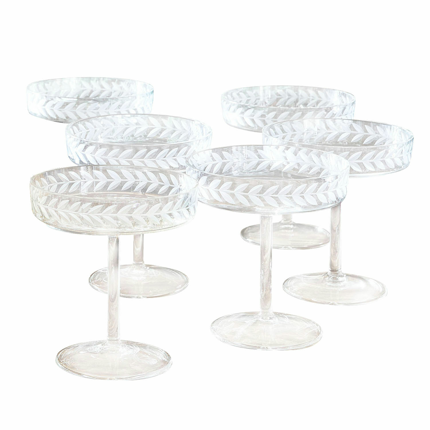 Champagnerglas 6er Set Macomb Set aus sechs transparenten Gläsern auf Stiel mit graviertem Blattmuster, dekoratives Glas