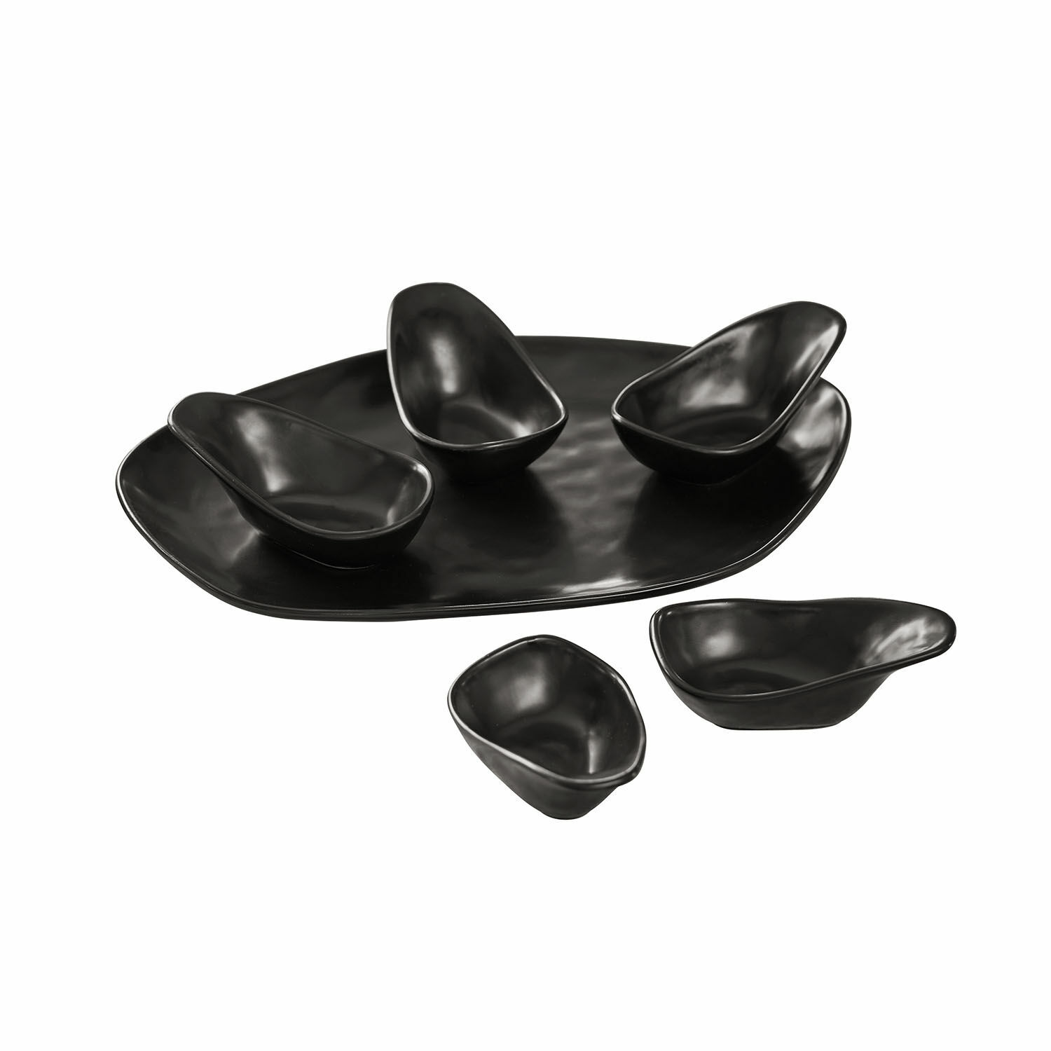 schwarz 6-teiliges Set schwarze Keramik-Servierschälchen Biarritz auf großem Teller für Snacks