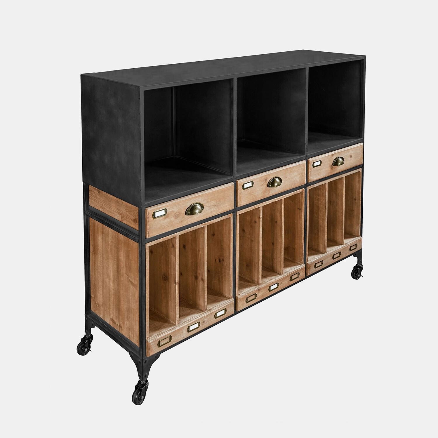 Sideboard Fenwicke Industrielles Sideboard aus Holz und schwarzem Metall mit Schubladen und Fächern auf Rollen