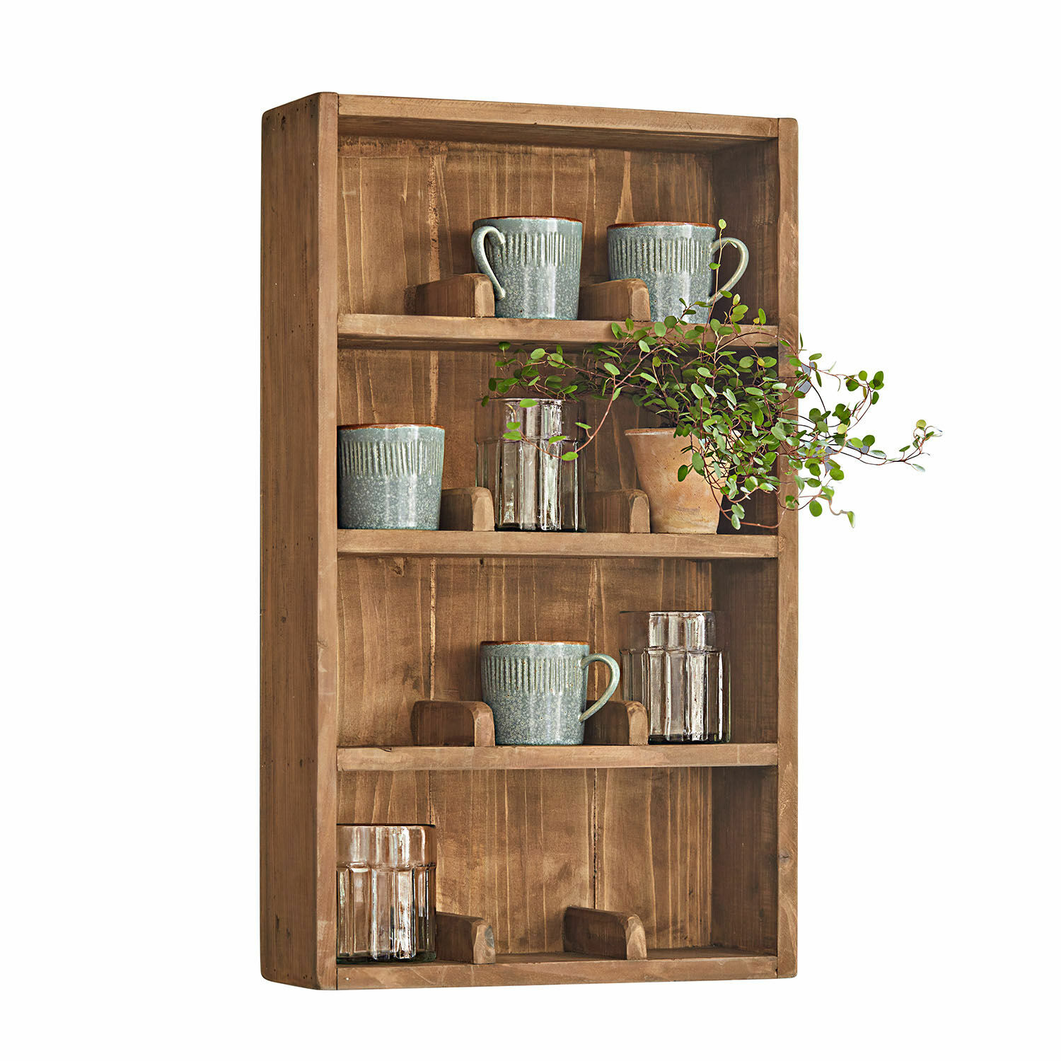 Wandregal Sunnybrook Wandregal aus Naturholz mit Keramiktassen und Gläsern für die Küche im Landhausstil