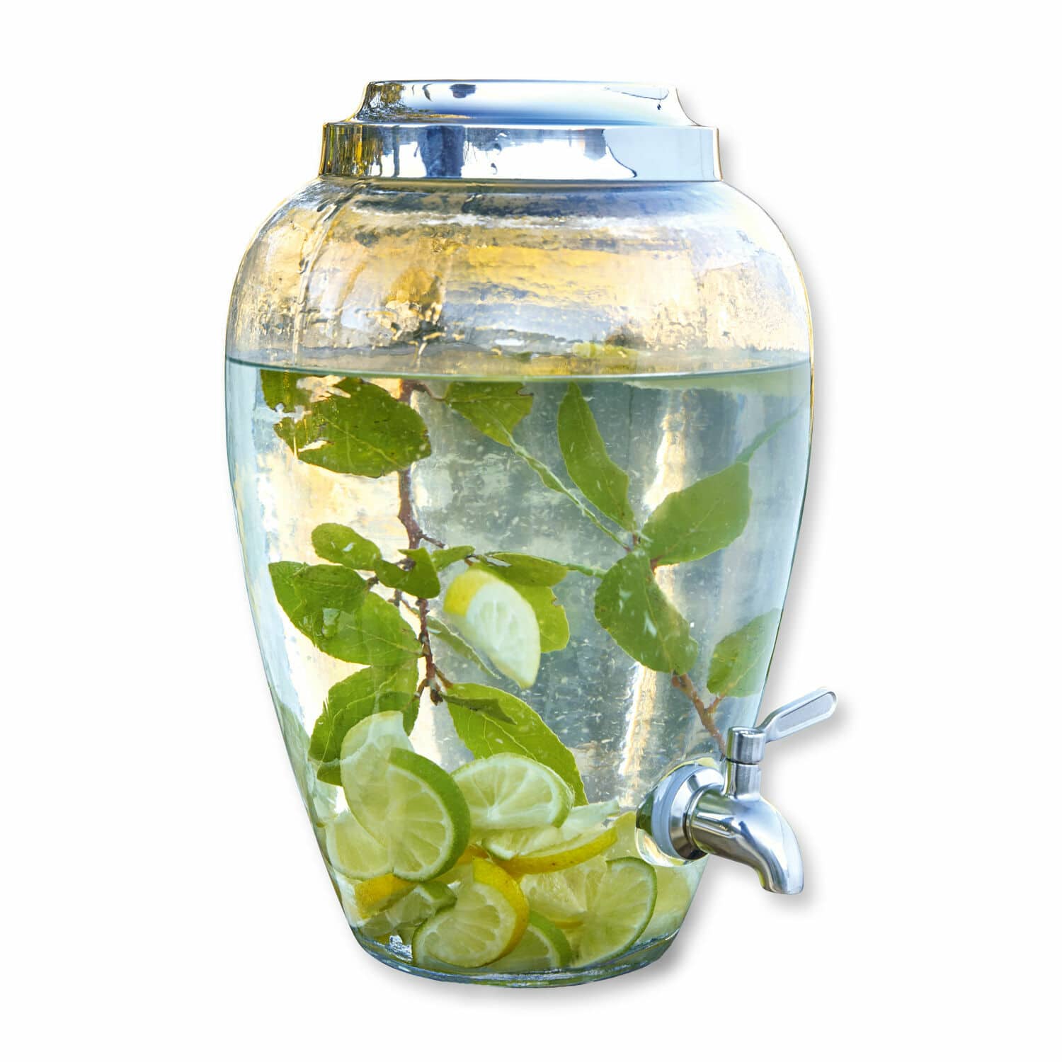 Glasgetränkespender mit Zapfhahn, gefüllt mit Wasser, Zitronenscheiben und Minzblättern