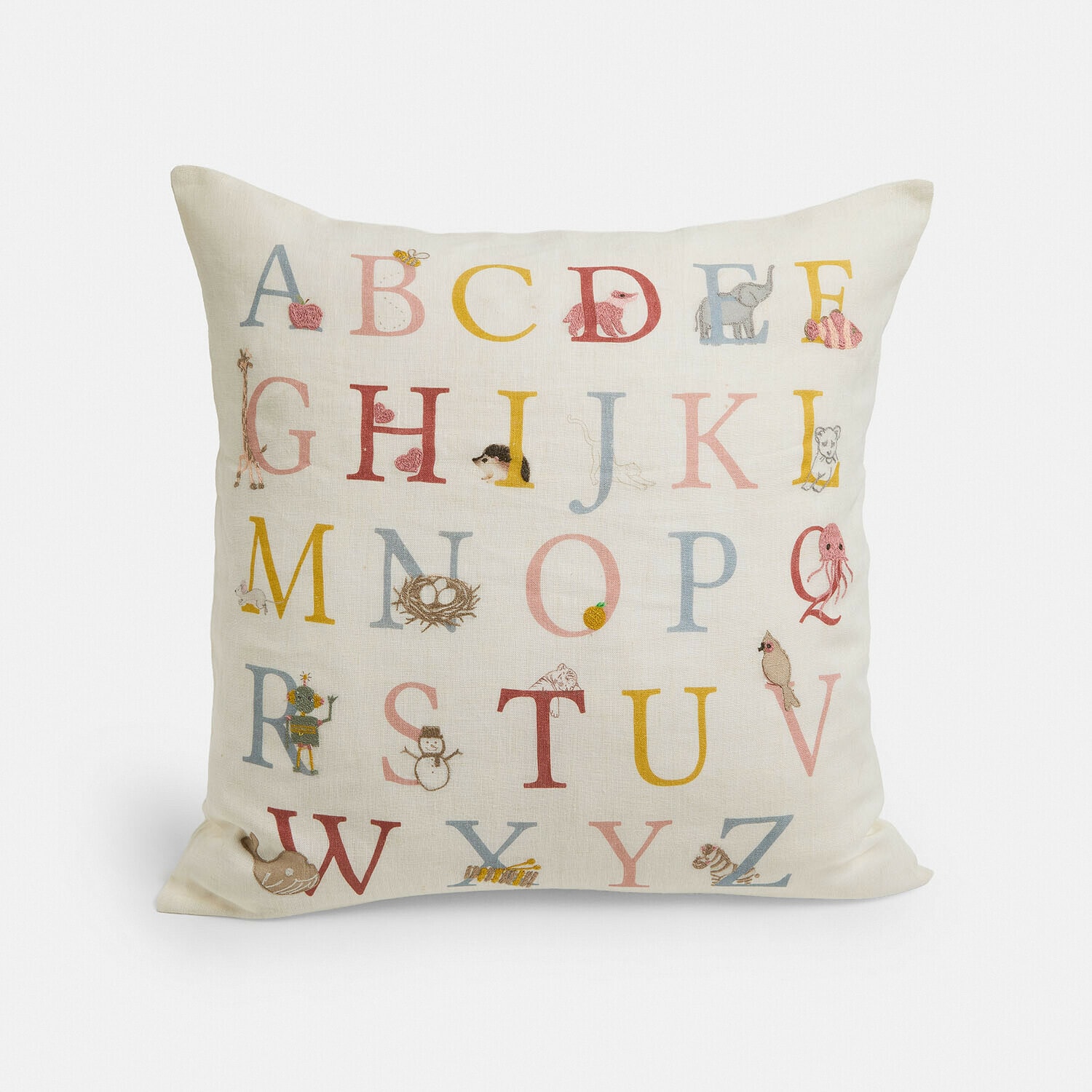 Baumwollkissen in Ecru mit buntem Alphabet und Tiermotiven, Kinderzimmerdekoration