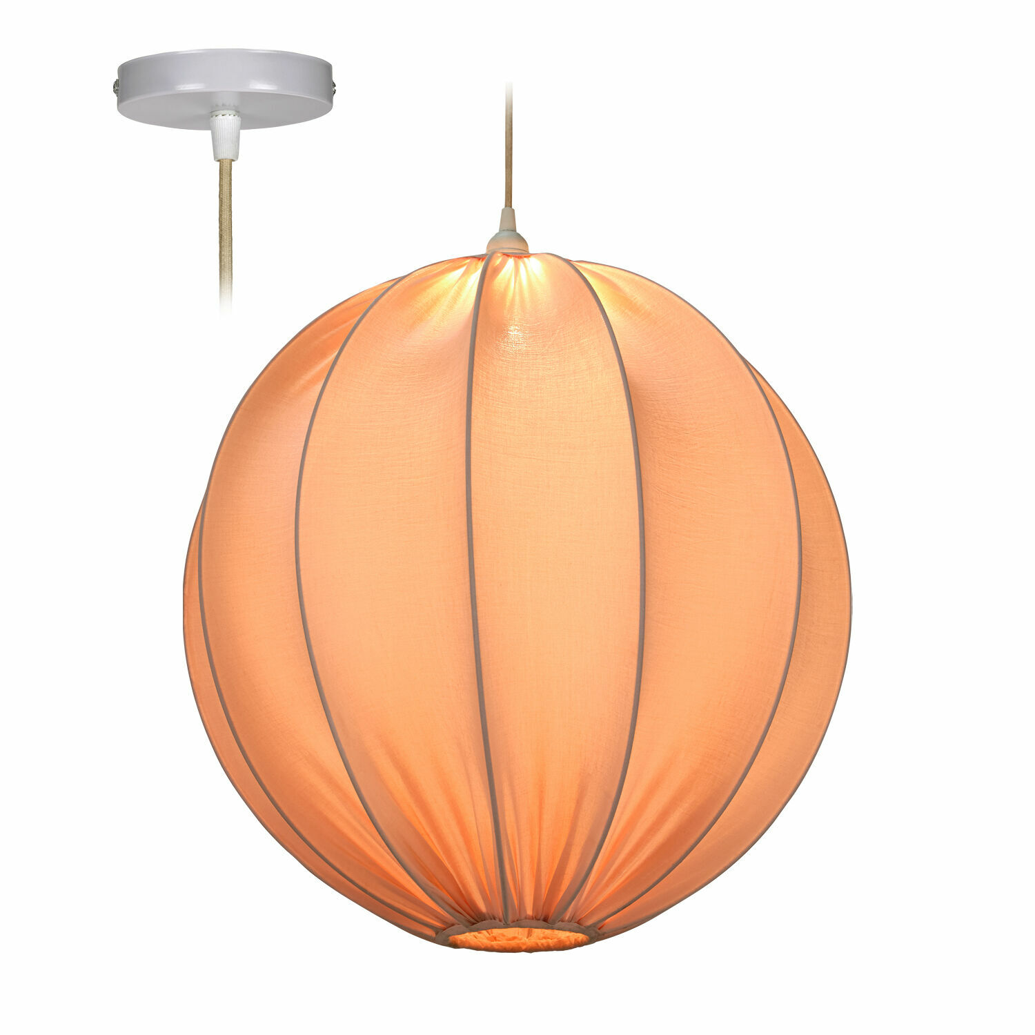 Runde Pendelleuchte aus orangefarbenem Stoff mit weißem Kabel und Deckenbefestigung