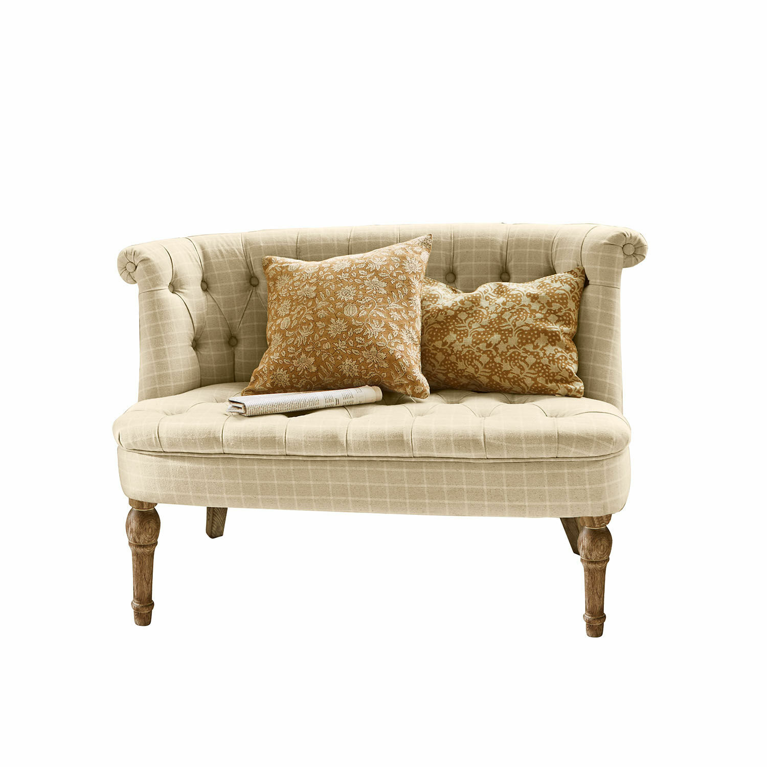 Sofa Weralin Beige gepolstertes Sofa mit Holzbeinen und zwei dekorativen Kissen mit Blumenmuster