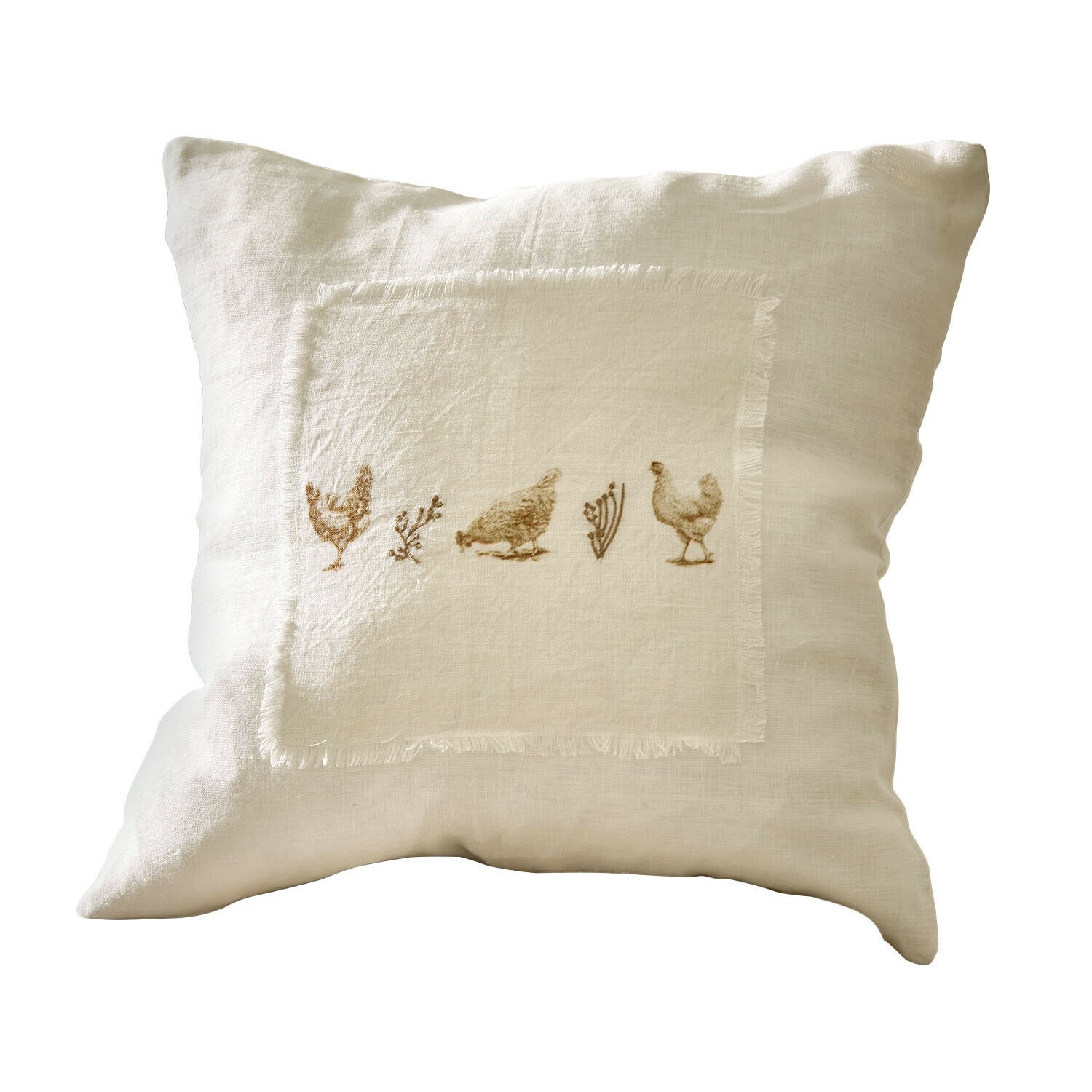 Beige Leinenkissen mit Hühner- und Pflanzenmotiv, dekorativer Bezug für Wohnzimmer oder Schlafzimmer