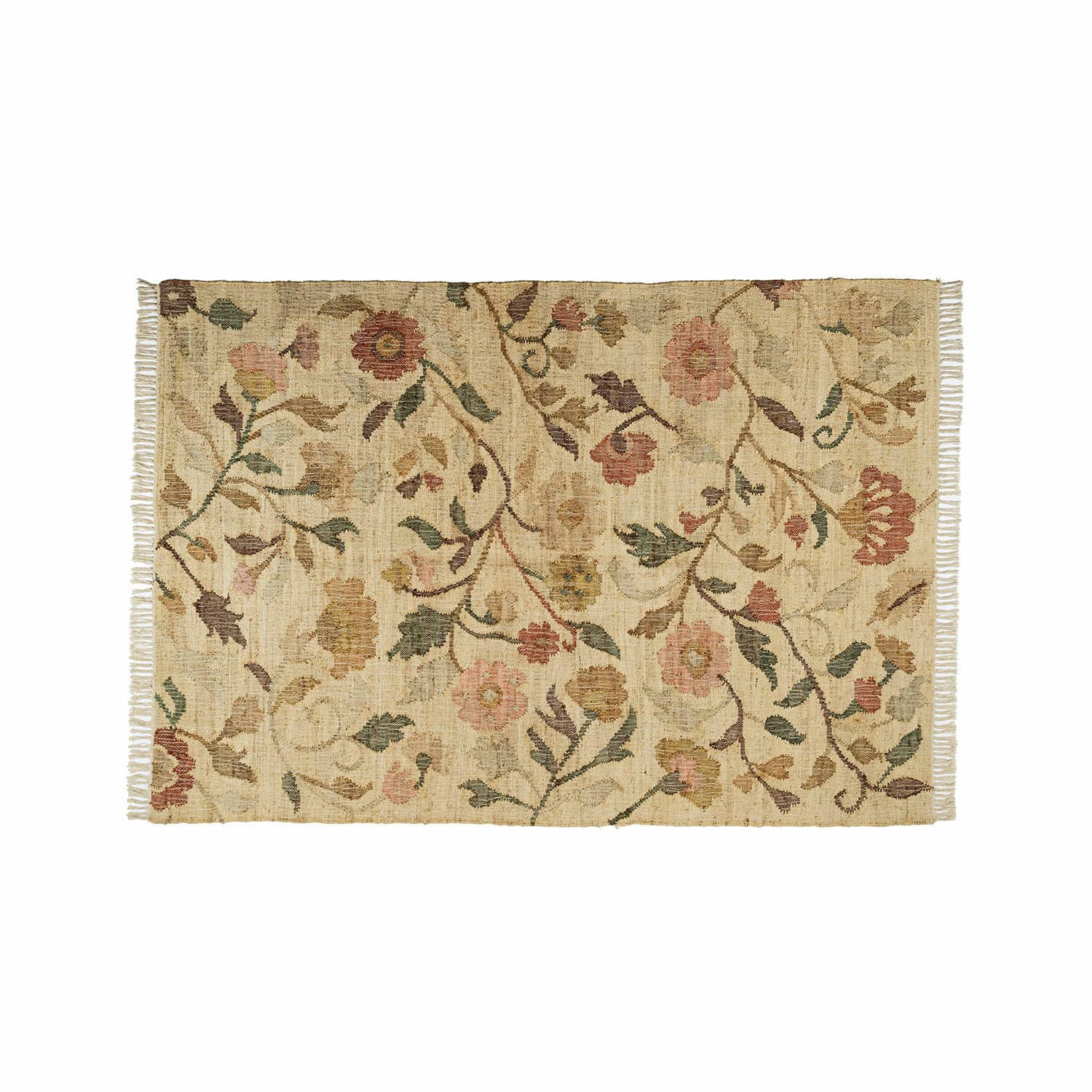 Teppich Théranelle Beiger Teppich aus Naturmaterial mit floralem Muster und Fransen an den Seiten für Wohnräume