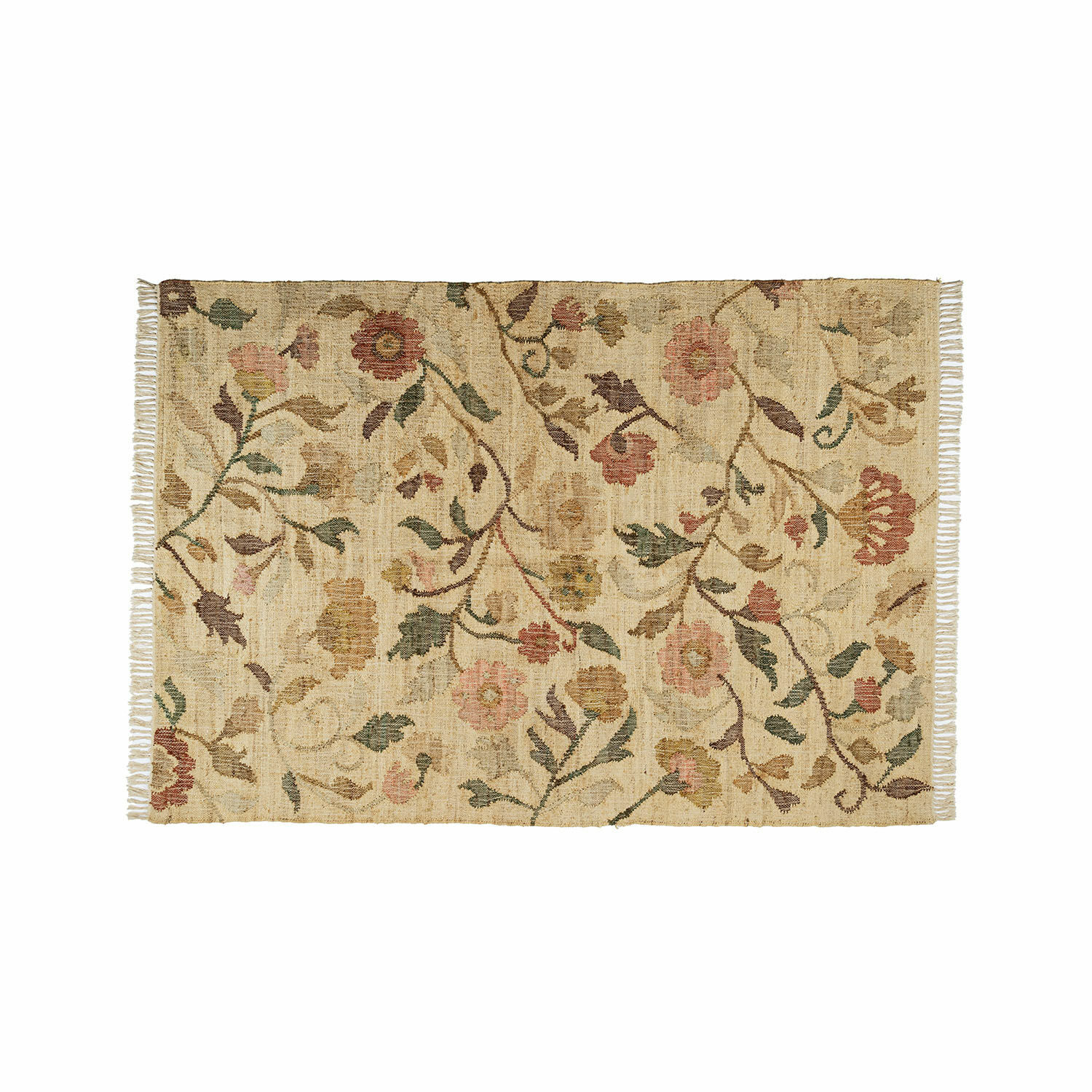 Teppich Théranelle Beiger Teppich aus Naturmaterial mit floralem Muster und Fransen an den Seiten für Wohnräume
