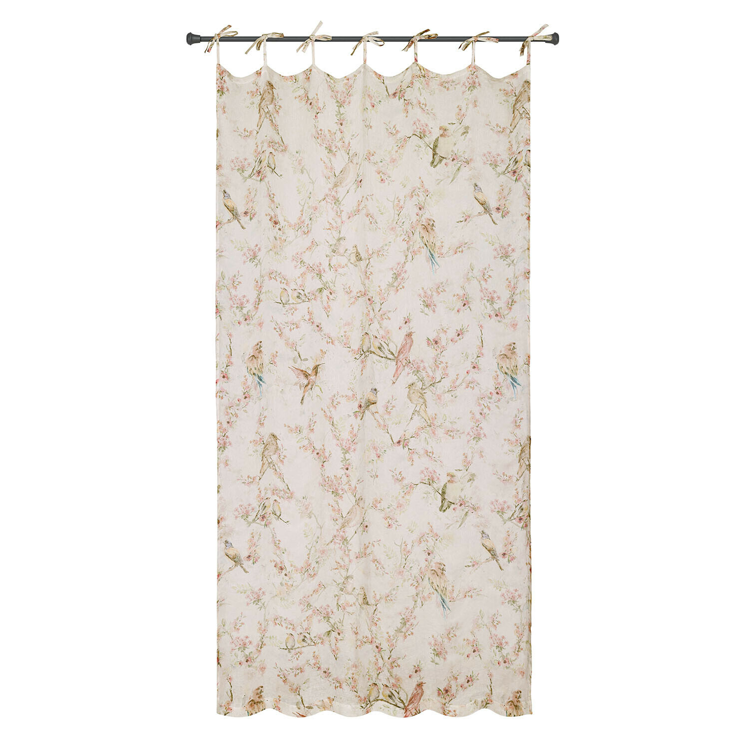 Leichter Vorhang in Creme mit Vogel- und Blumenmuster, dekorativer Fensterschmuck