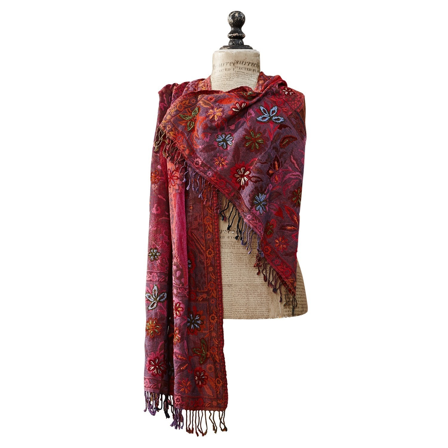 Schal Isobel Roter Schal mit Blumenstickerei und Fransen, weiches Material, modisches Accessoire für kühle Tage