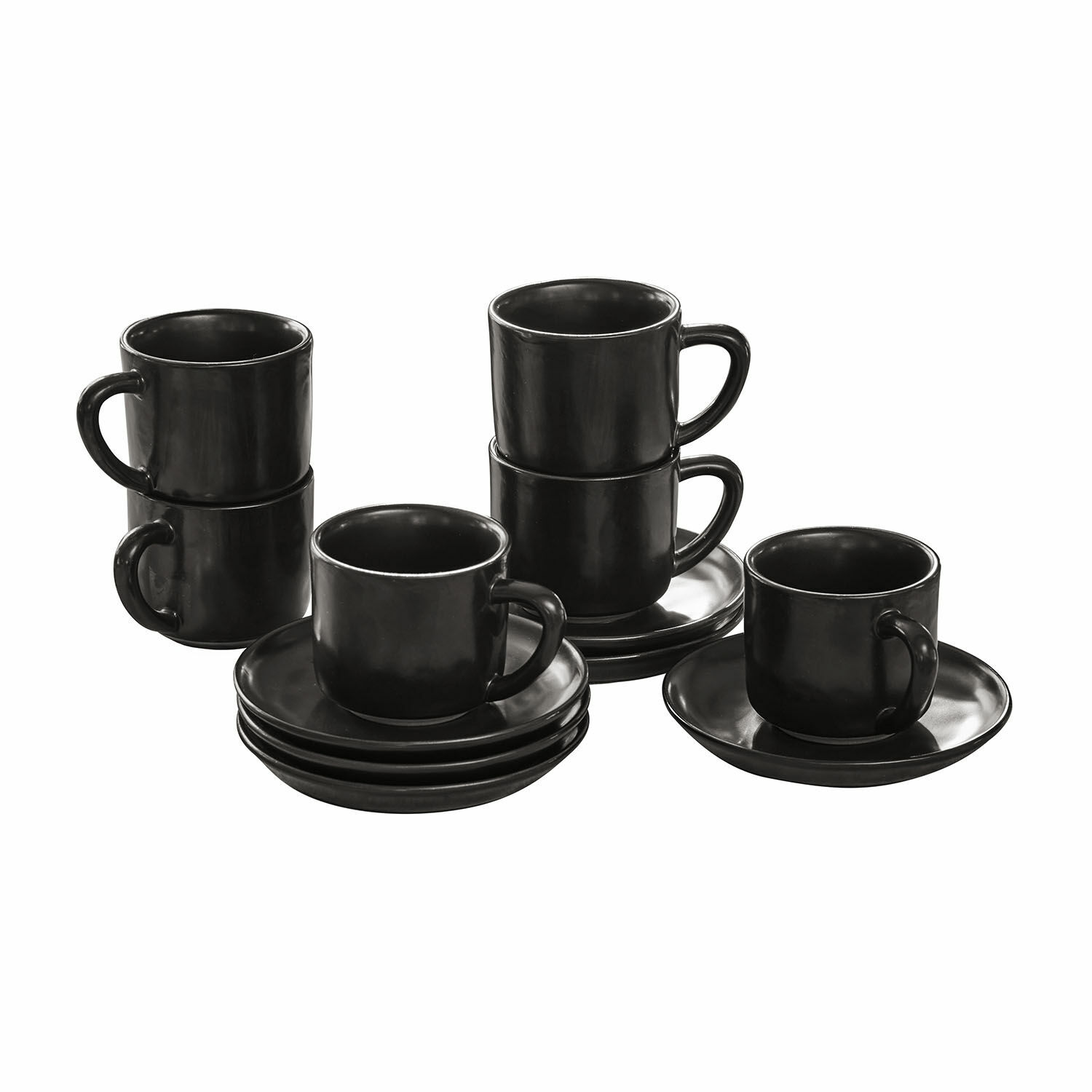 Tasse mit Untertasse 6er Set Biarré Set aus schwarzen Keramik-Kaffeetassen mit Untertassen, modernes Geschirr für die Küche