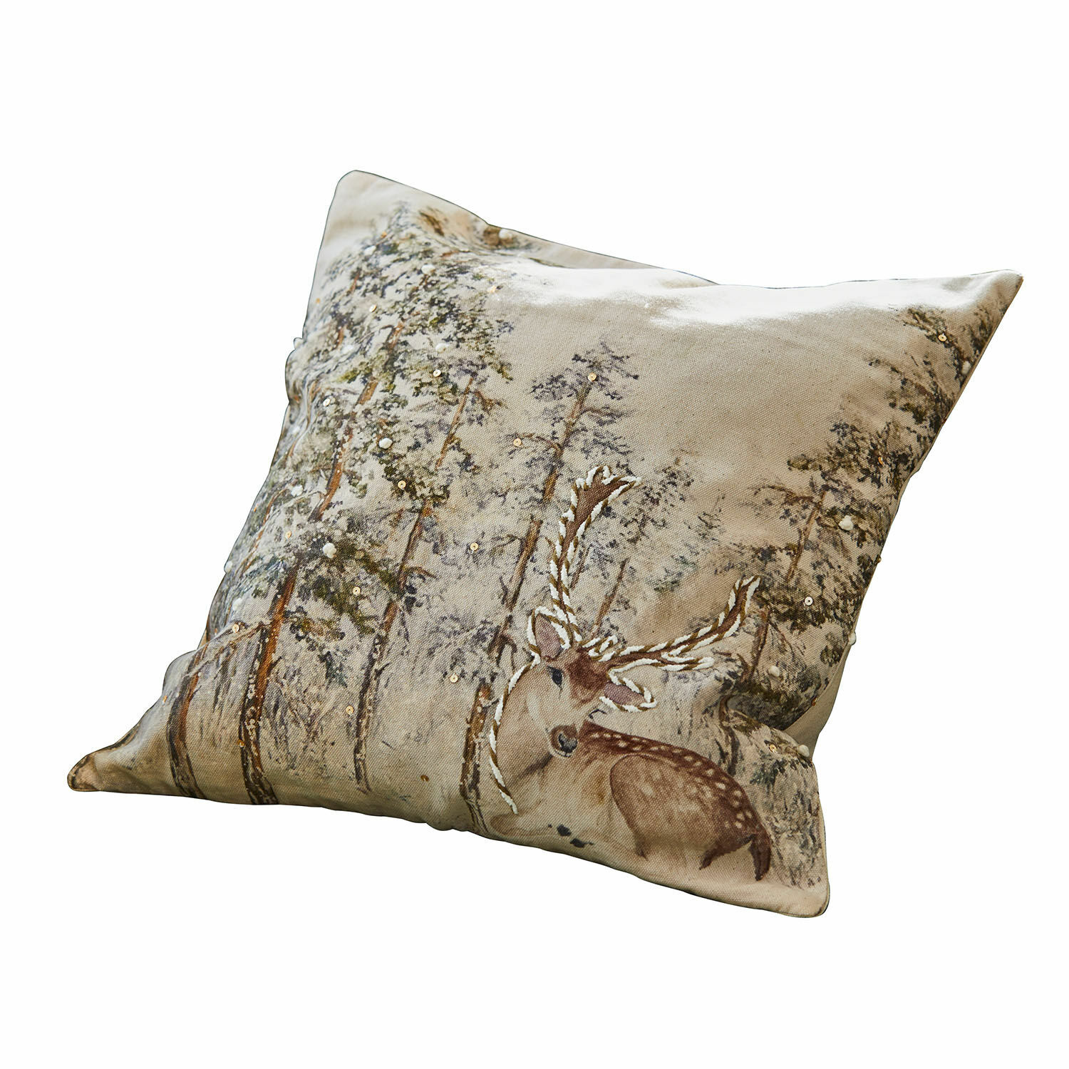 Kissenhülle Valoisin Beige Dekokissen aus Baumwolle mit Hirsch- und Waldmotiv, stilvoll für Wohnzimmer