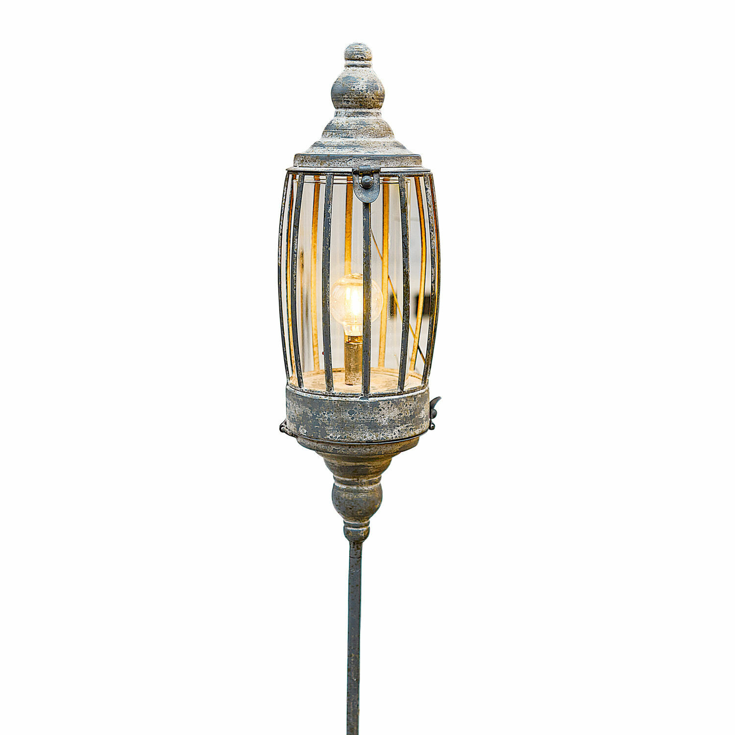 Wiederaufladbare LED-Laterne Lagia Dekorative Gartenlampe aus Metall in antik-silber mit sichtbarer Glühbirne und Gitterstäben