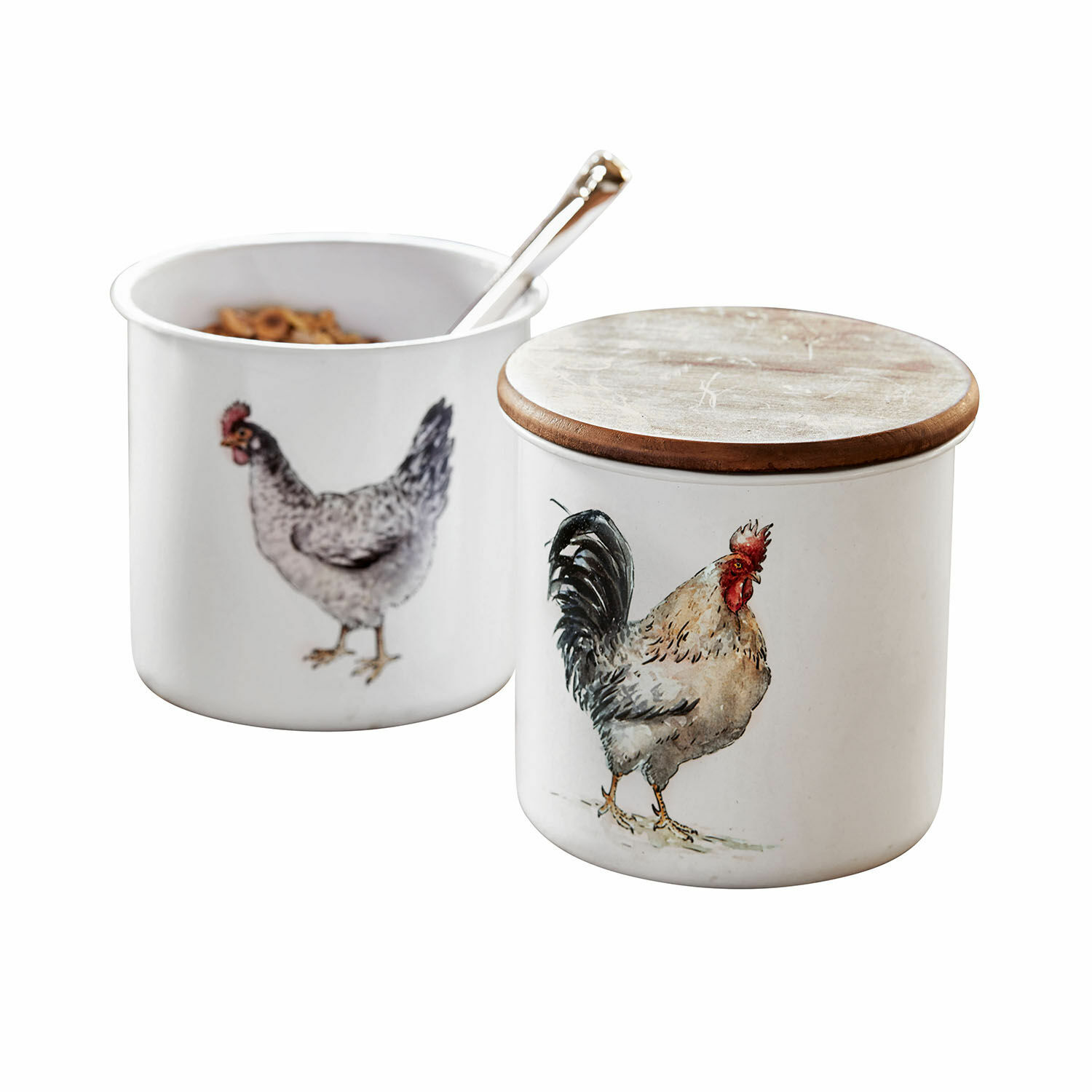Dose 2er Set Nobles Weiße Keramikbehälter mit Holzdeckel und Huhn- sowie Hahn-Motiv für die Küche