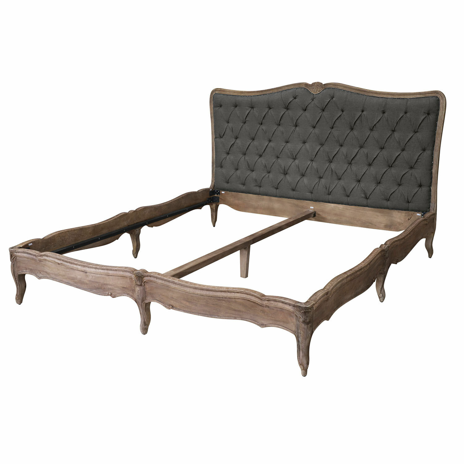 grau/braun Bett Declaire mit grauem gepolstertem Kopfteil und braunem Holzrahmen im Vintage-Stil