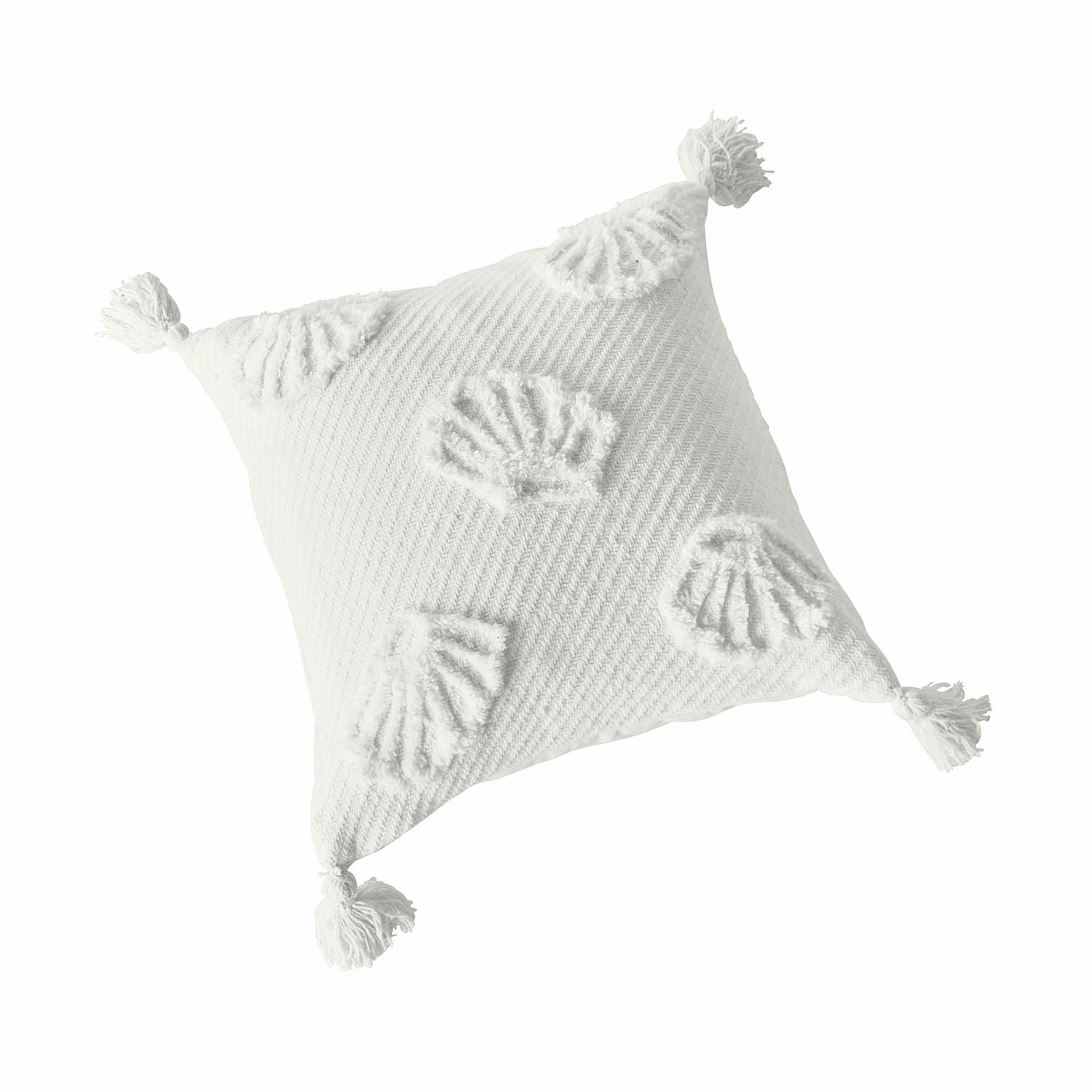 Kissenhülle Saroufa Weiße Baumwoll-Dekokissen mit Quasten und Muschelmotiv, gemütliches Wohntextil