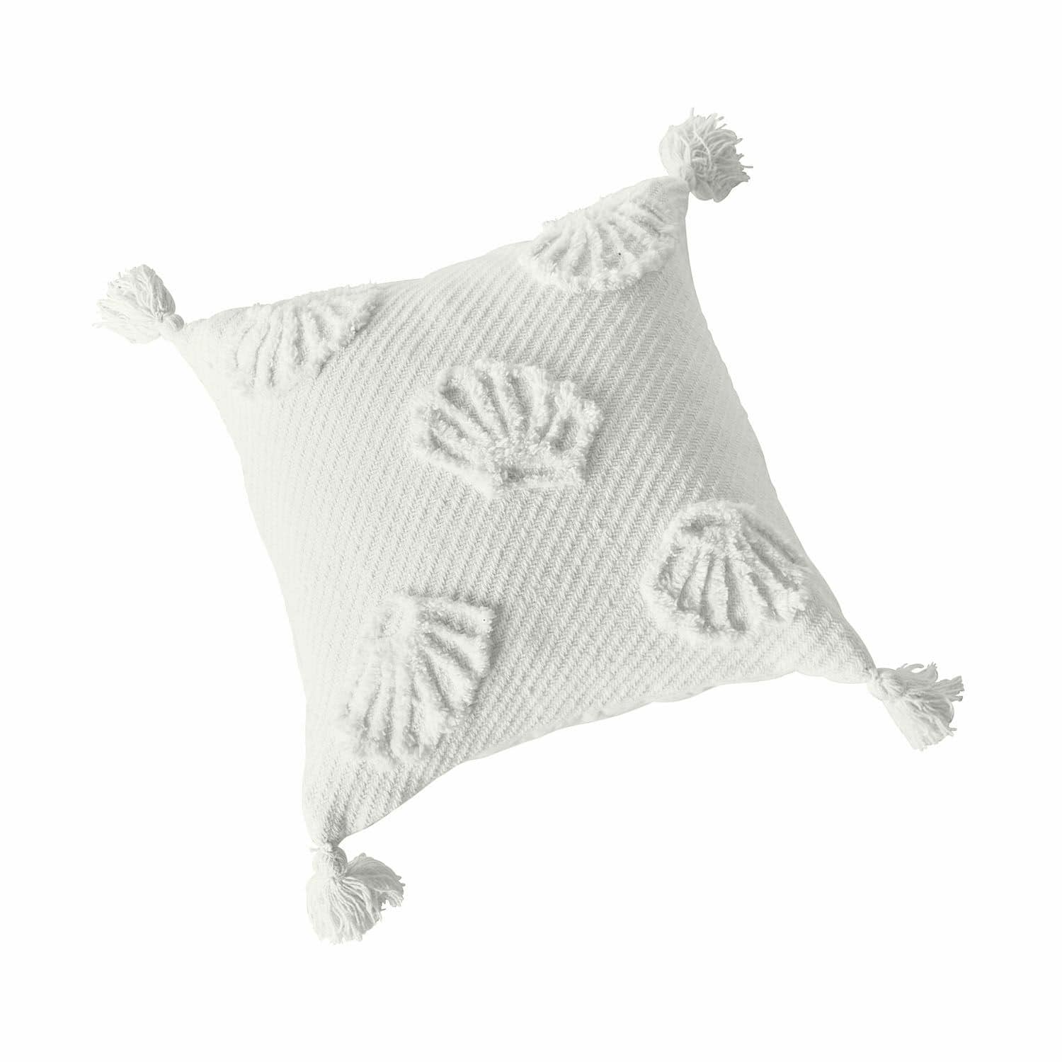Kissenhülle Saroufa Weiße Baumwoll-Dekokissen mit Quasten und Muschelmotiv, gemütliches Wohntextil