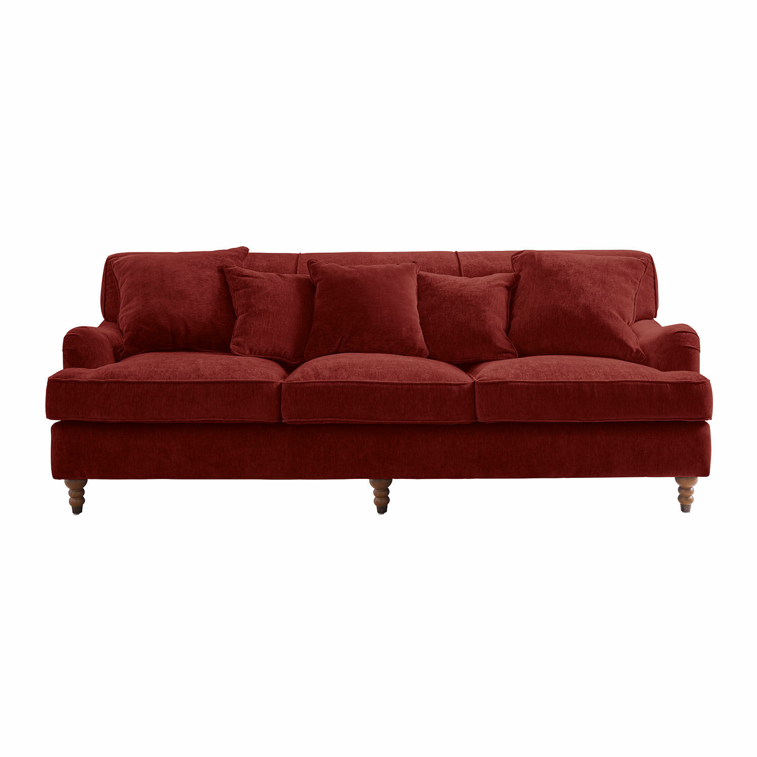 rostrot Sofa Isa in rostrotem Stoff mit weichen Kissen, komfortables Wohnzimmermöbel für gemütliche Stunden