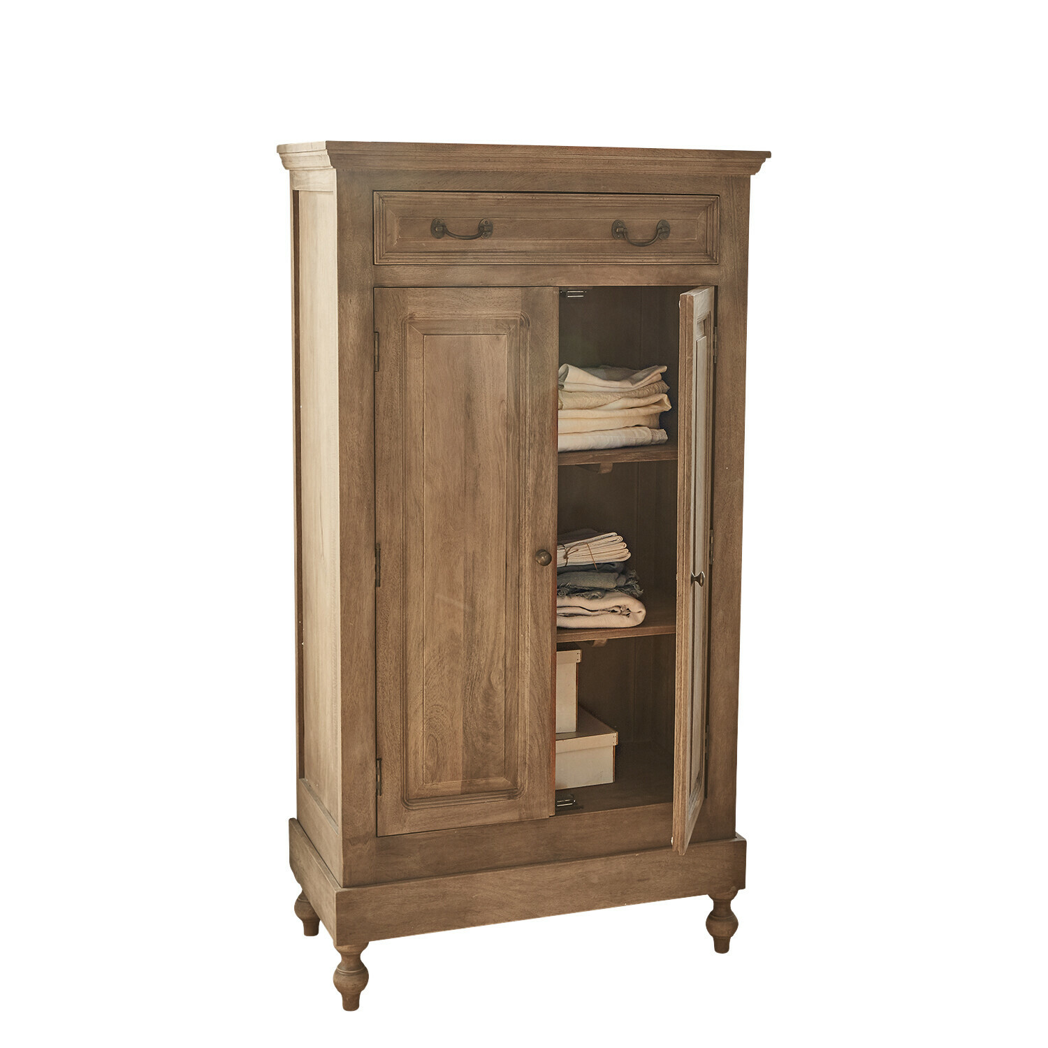 Brauner Bortoni Schrank aus Holz mit Regalen und Schublade, praktisches Aufbewahrungsmöbel