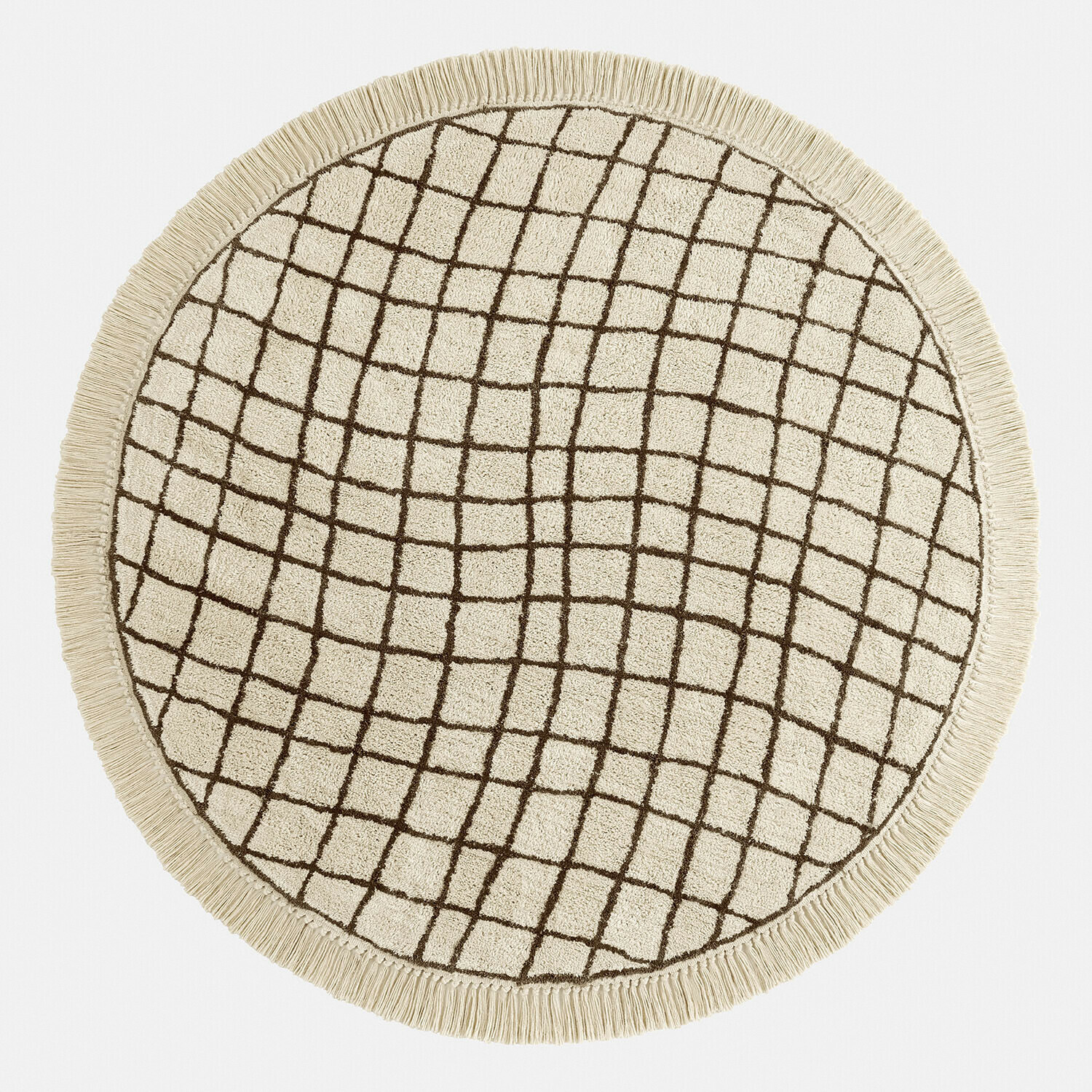 Teppich Puffino Runder Baumwollteppich in Creme mit braunem geometrischem Muster und Fransenrand