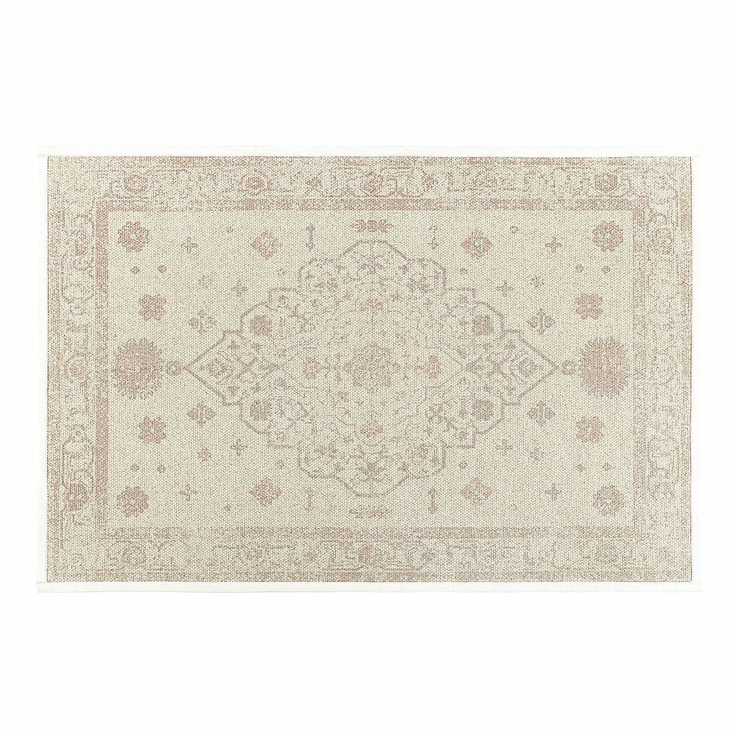 Beigefarbener Teppich mit feinem orientalischem Muster aus robustem Material, ideal fürs Wohnzimmer