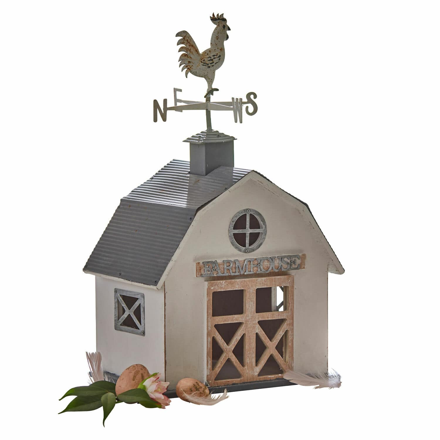Deko-Haus Beaujeau Dekoratives Metall-Farmhaus mit Wetterhahn auf dem Dach, grau und weiß, Wohnaccessoire