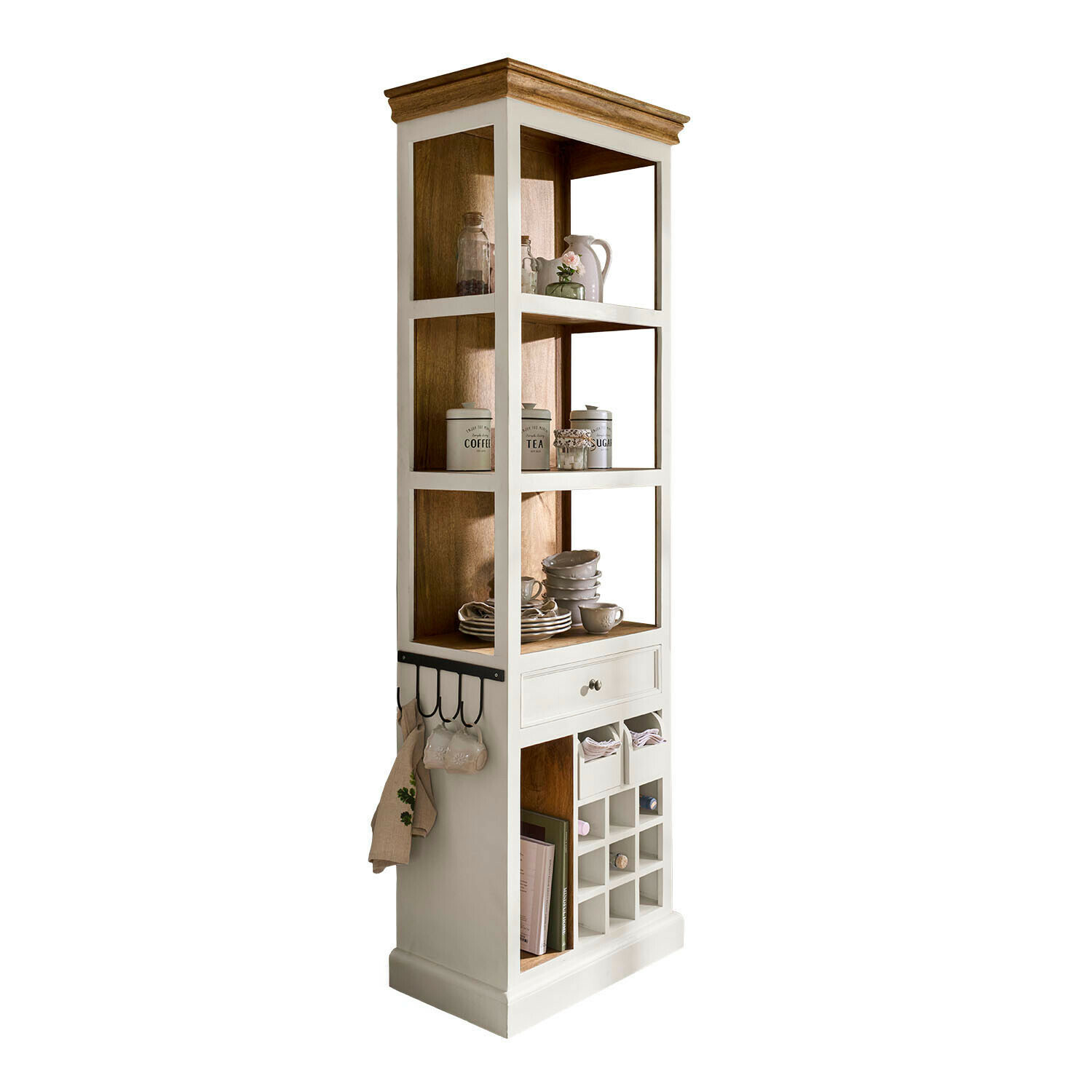 Regal Kenwick Hoher Küchenregal aus Holz in Weiß und Natur mit offenen Fächern und Weinlagerung