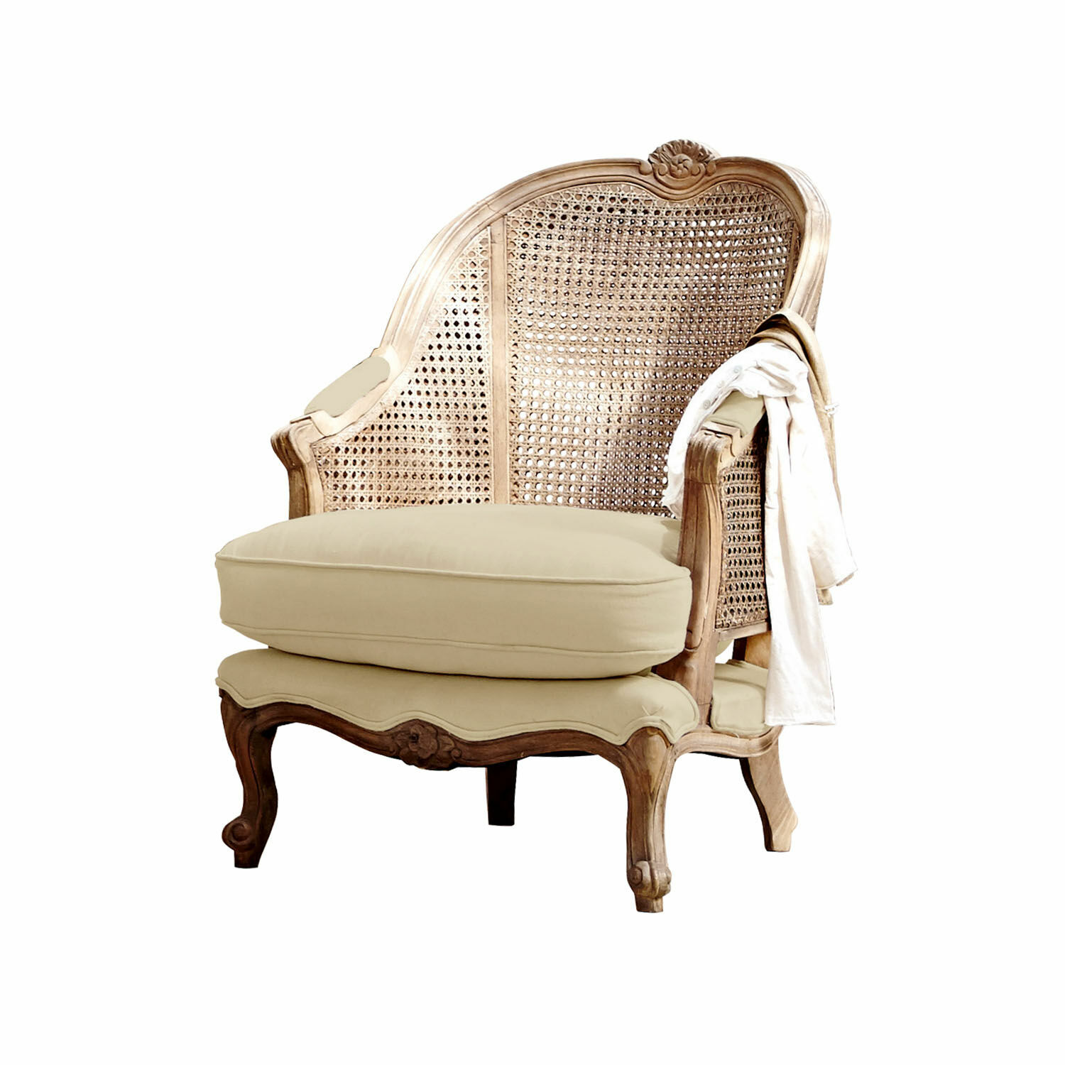 Sessel Drambon Klassischer Holzsessel mit beigem Polster, Naturfarbe, Vintage-Stil für Wohnzimmer