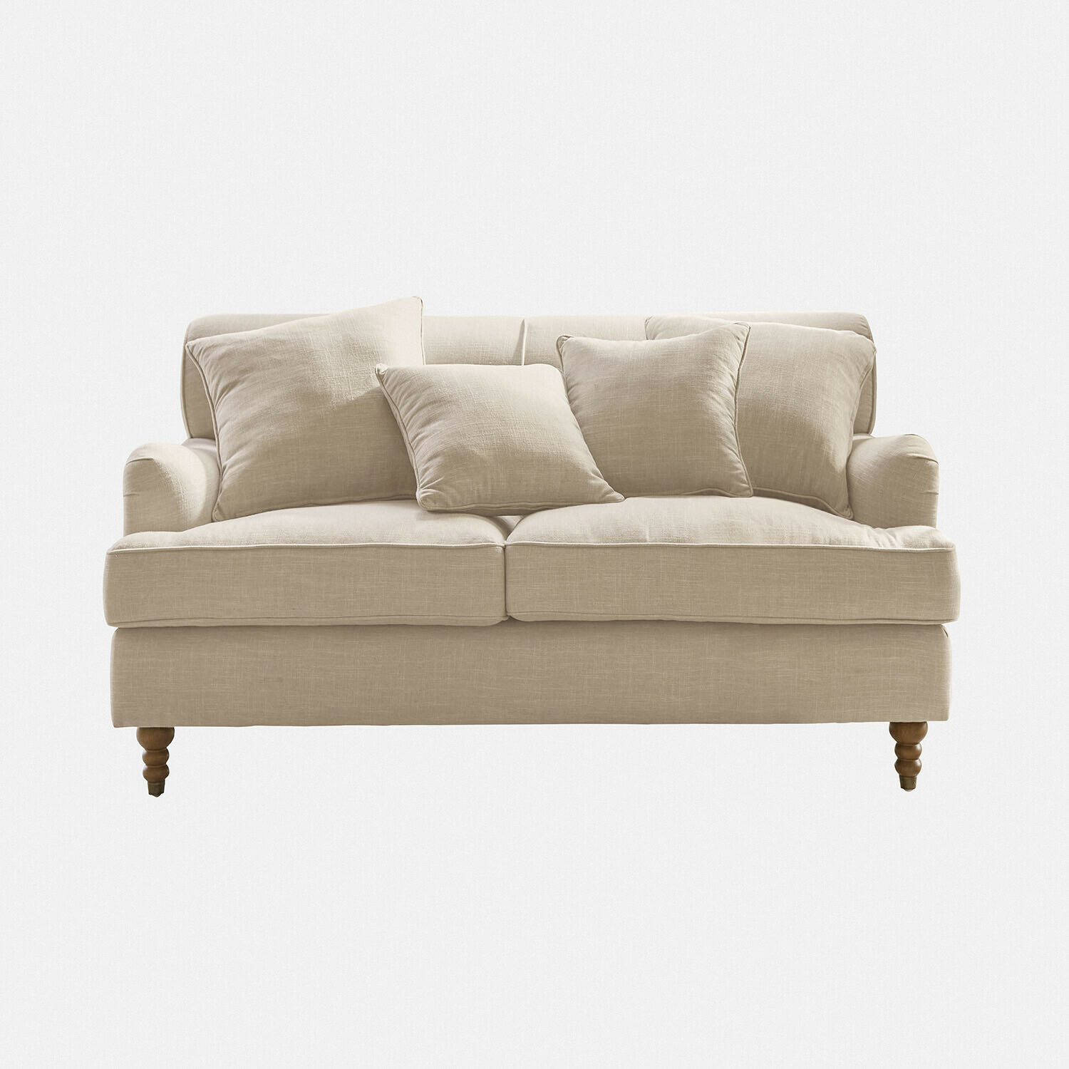 Sofa Isa Beiges Sofa aus Stoff mit Kissen und gedrechselten Holzbeinen, bequemes Wohnzimmermöbel