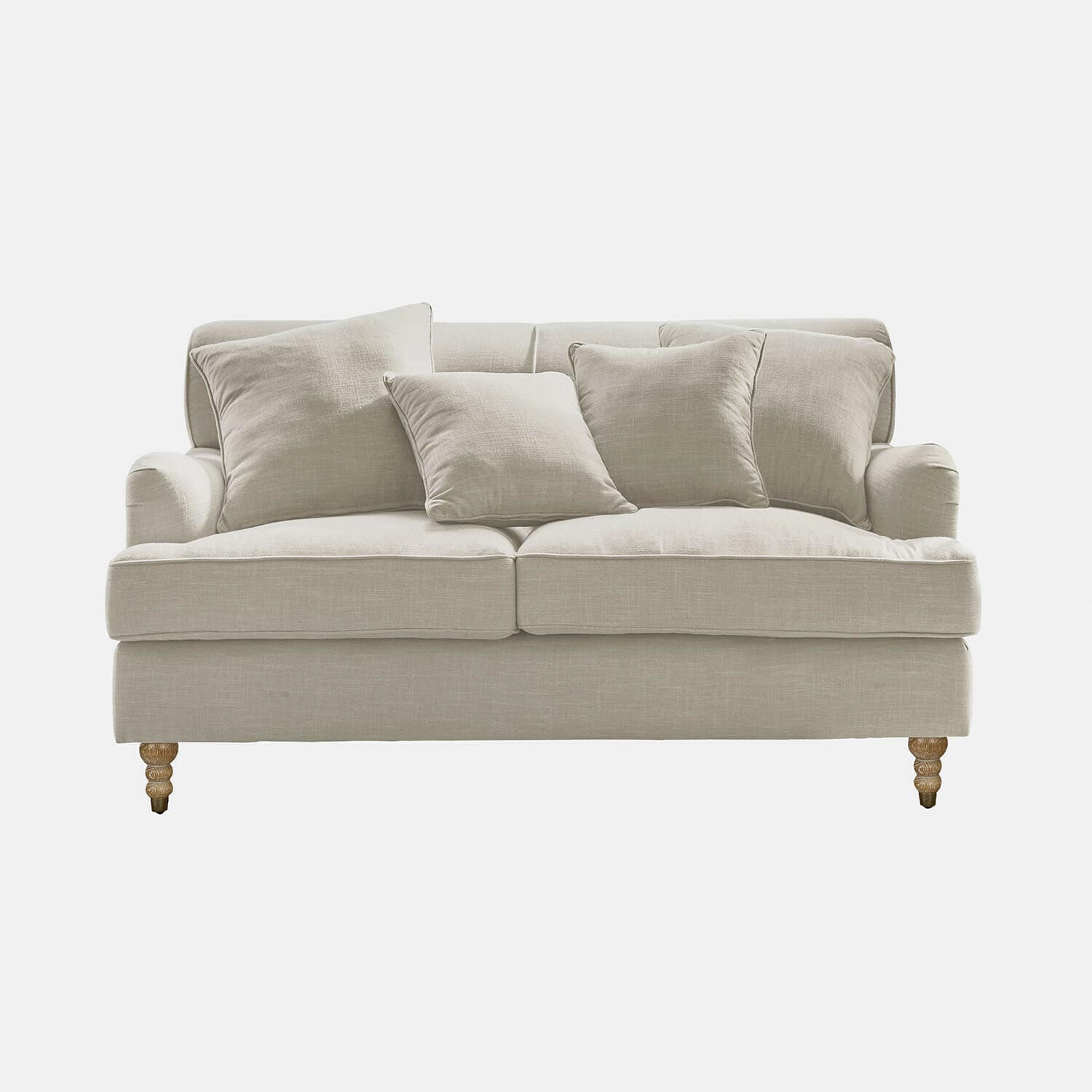 Sofa Isa Beiges Sofa aus Stoff mit Kissen und gedrechselten Holzbeinen, bequemes Wohnzimmermöbel