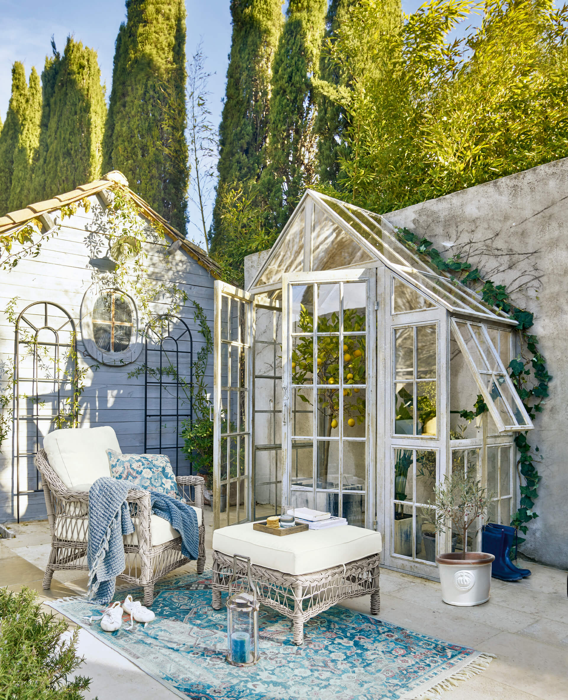 Gemütliche Sitzecke mit Rattansessel und Glashaus auf Terrasse mit Zitruspflanzen