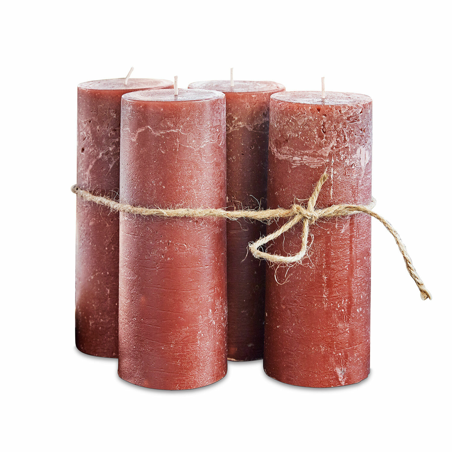 Kerze 4er Set Homel Set aus vier rustikalen roten Kerzen aus Wachs mit dekorativem Naturkordelband