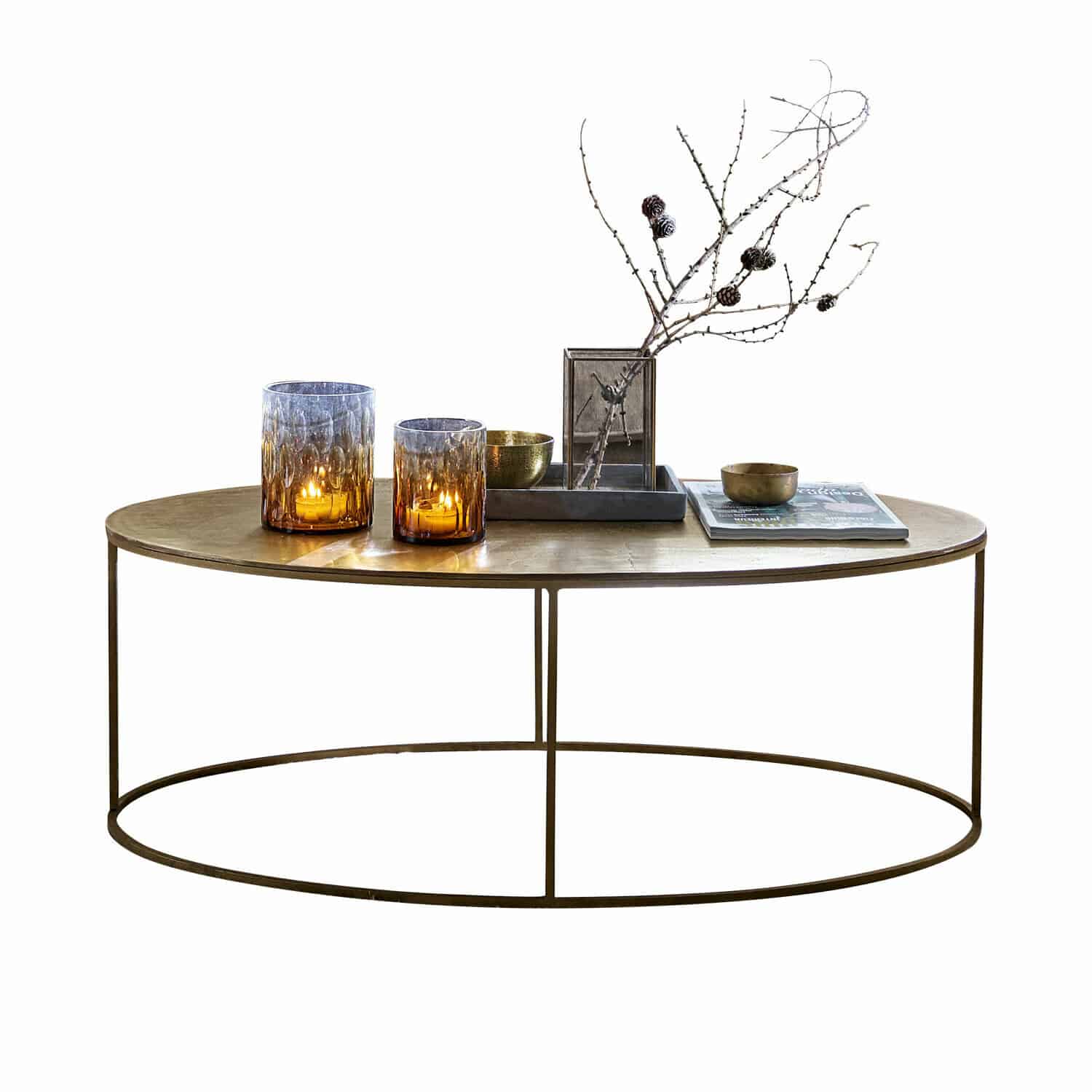 Couchtisch Leron Runder Couchtisch mit Metallgestell und naturfarbenem Holzplatte, dekoriert mit Accessoires