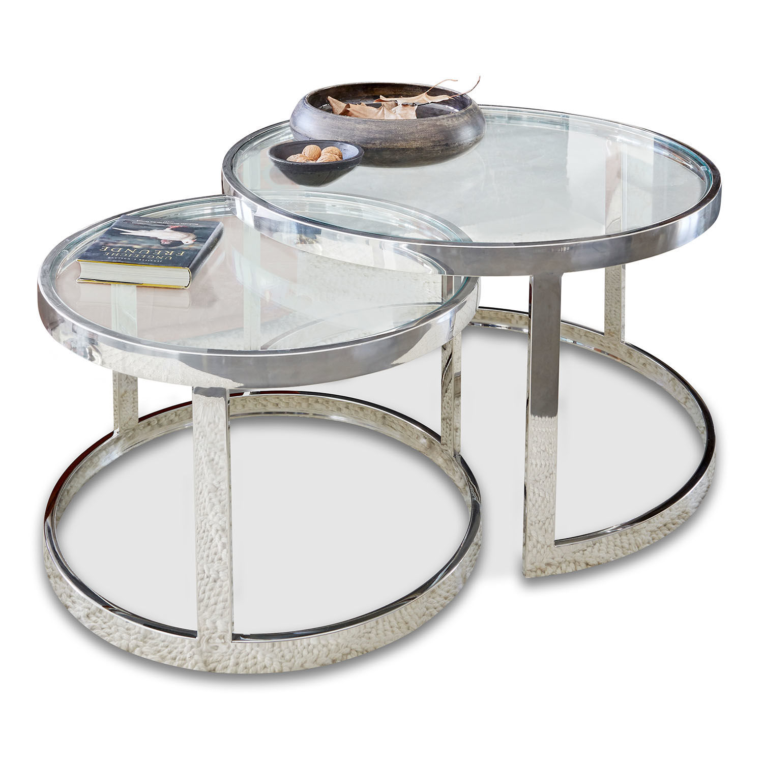 Beistelltisch 2er Set Cibran Set aus zwei runden Couchtischen mit Glasplatte und chromiertem Stahlgestell, modern