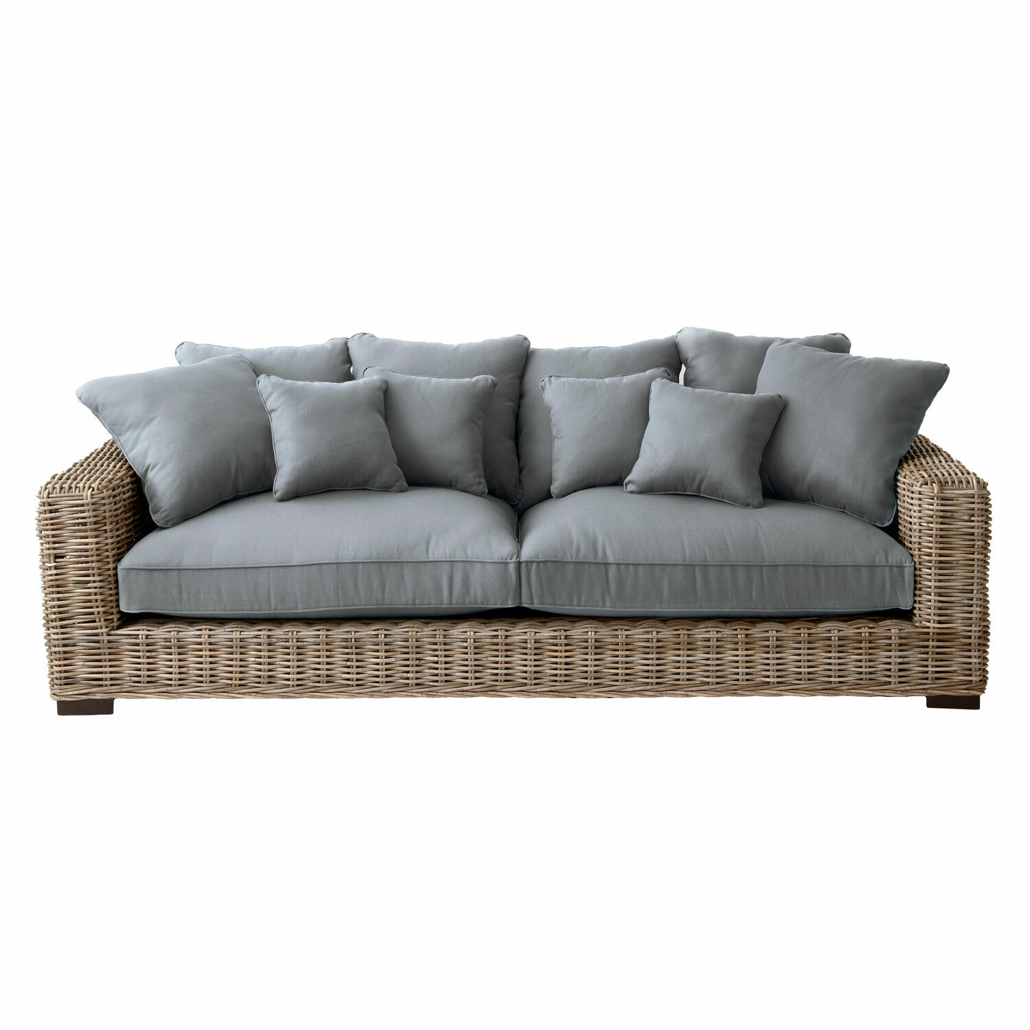 braun/grau Sofa Rimini aus natürlichem Rattan mit grauen Kissen, bequemes Wohnzimmermöbel
