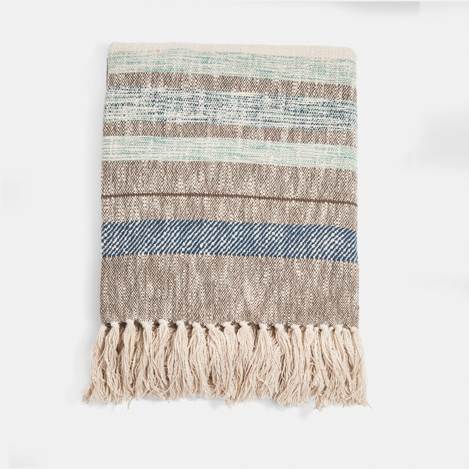 Plaid Maresas Baumwollplaid mit Streifen in Beige, Blau und Grün, weiche Decke mit Fransen für gemütliche Räume