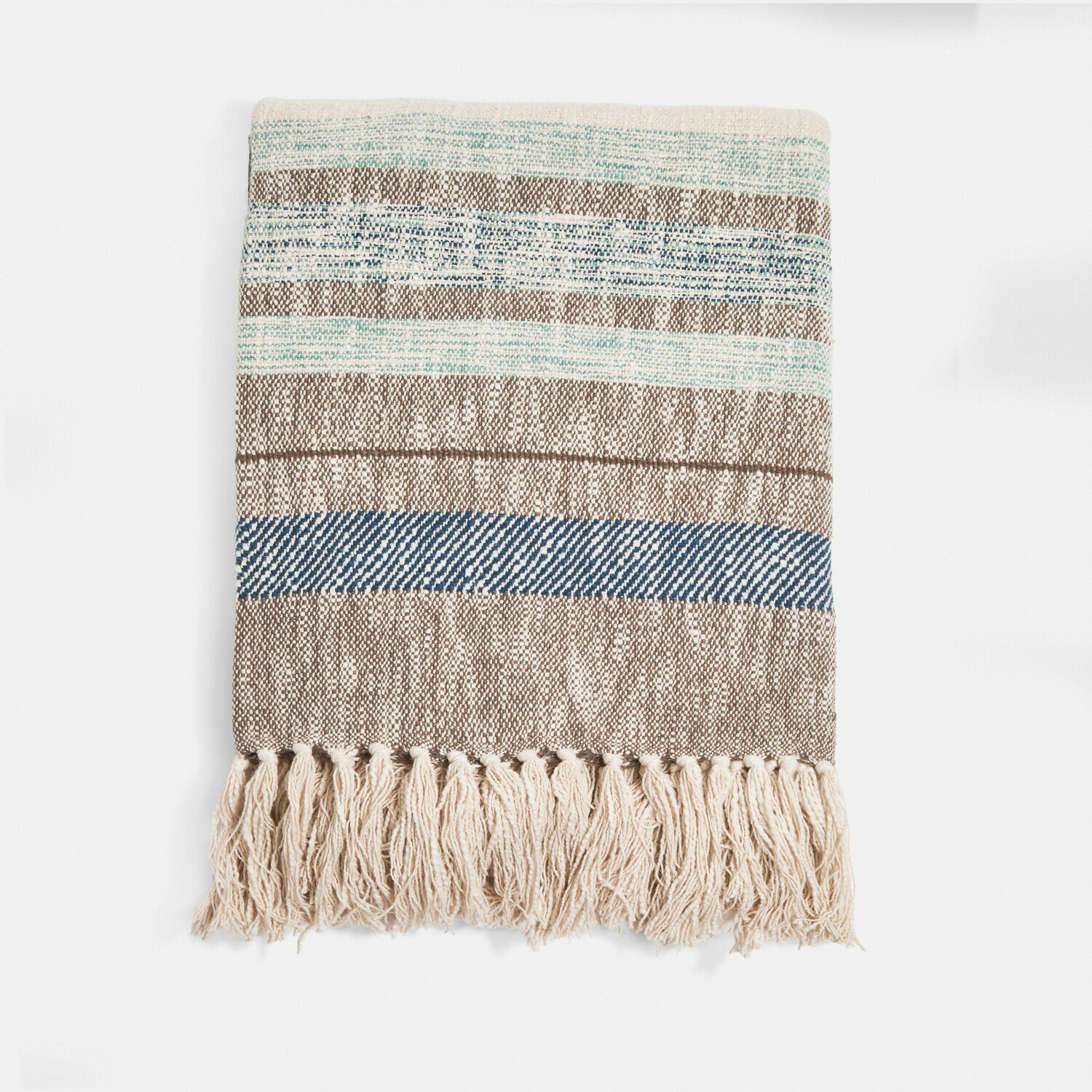 Plaid Maresas Baumwollplaid mit Streifen in Beige, Blau und Grün, weiche Decke mit Fransen für gemütliche Räume
