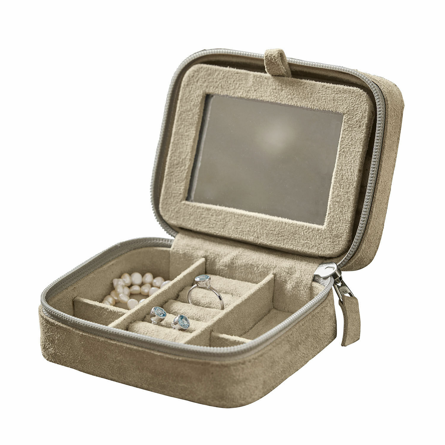 Schmuckkästchen Angelique Beige Schmucketui aus Velours mit Spiegel und Fächern für Ringe und Armbänder