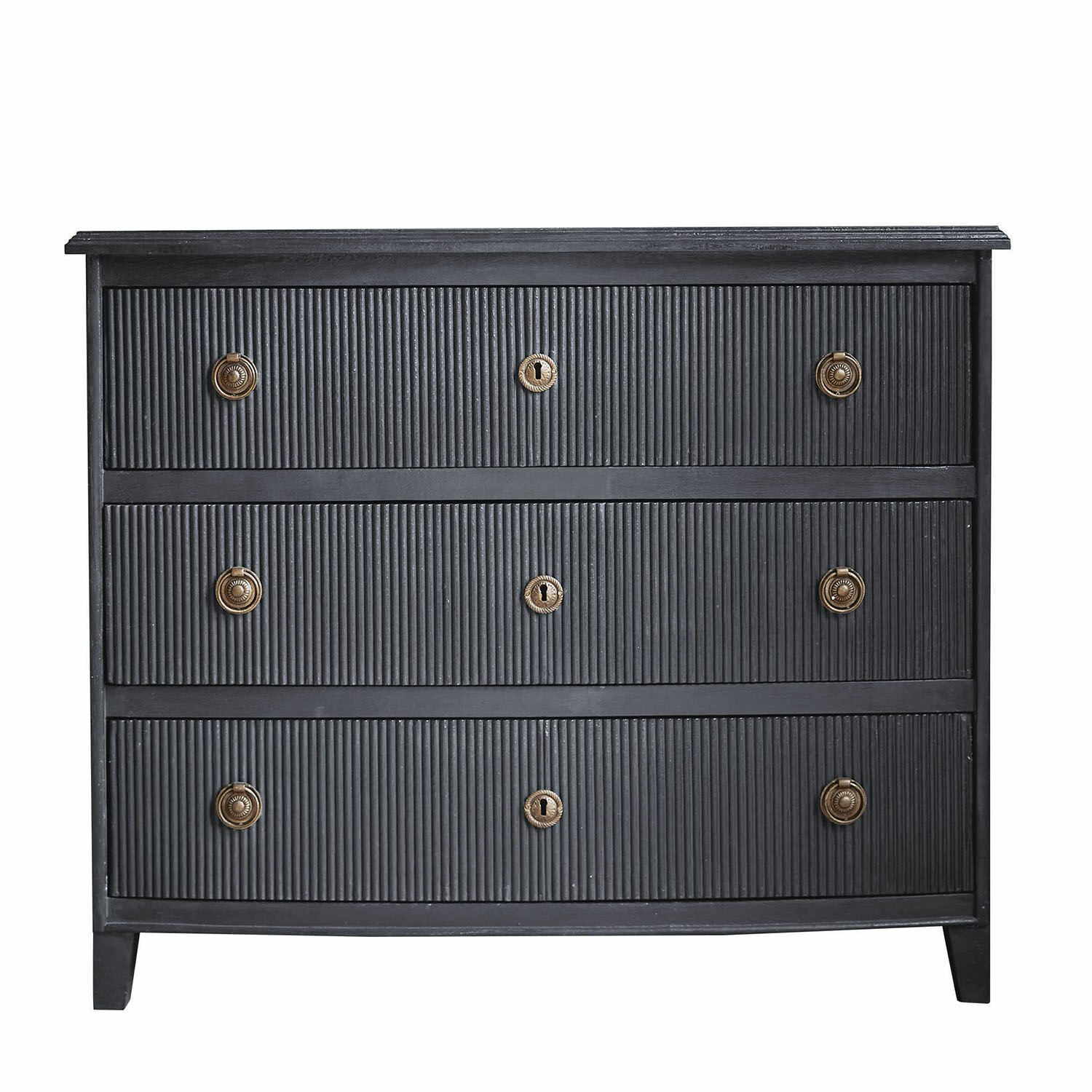 Antikschwarze Boissi Kommode aus Holz mit drei Schubladen und Messinggriffen, Wohnzimmermöbel