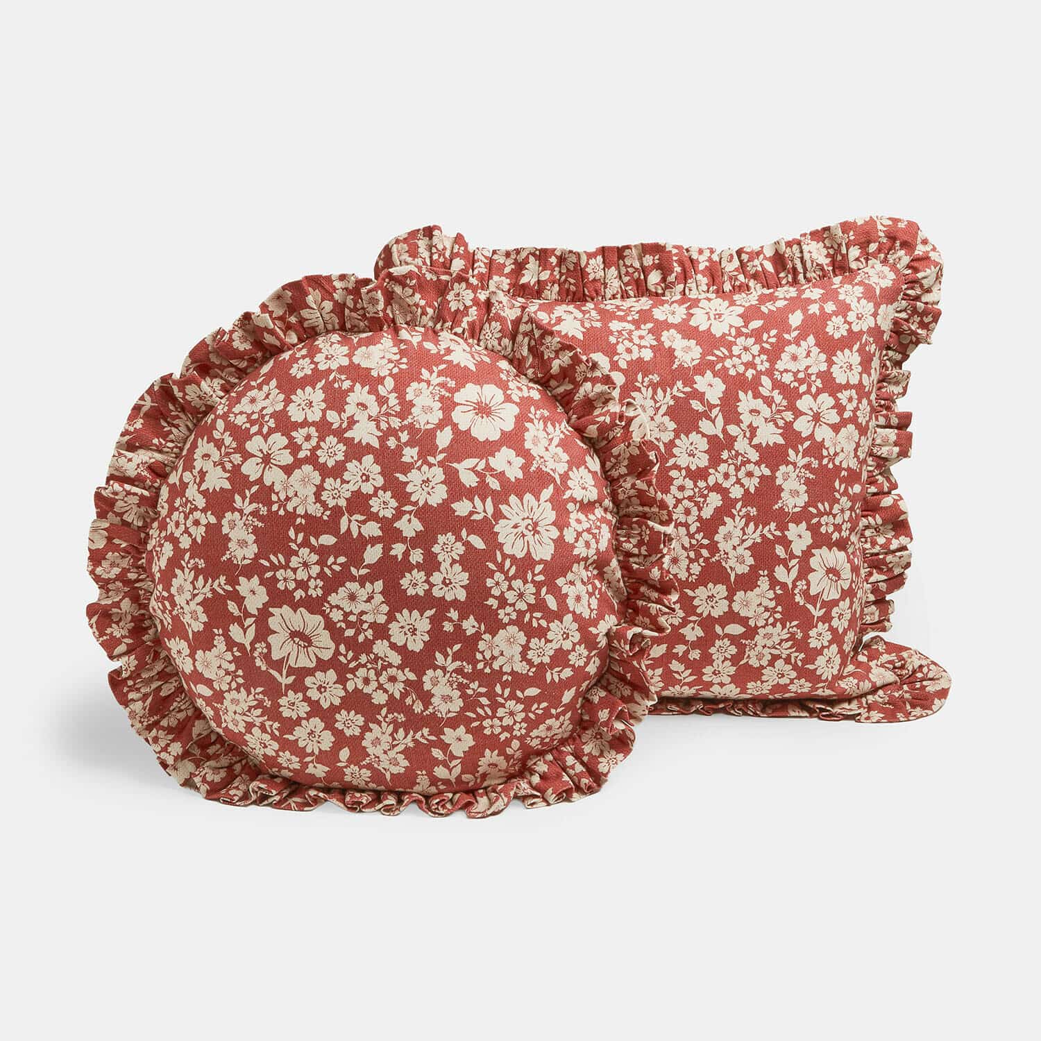 Kissen 2er Set Frambelle Dekoratives Baumwollkissen-Set in Rot mit cremefarbenem Blumenmuster und Rüschenrand